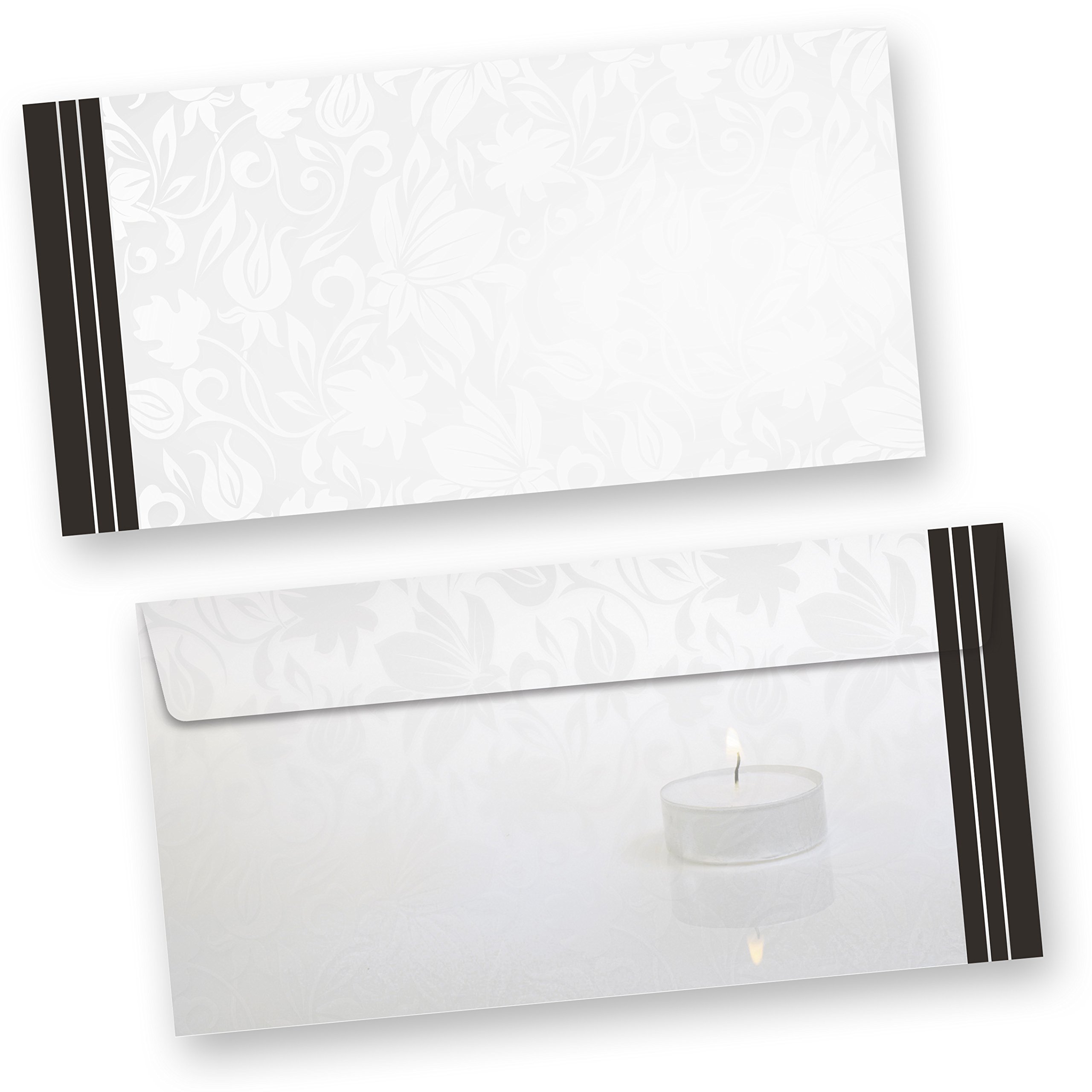 TATMOTIVE Trauer-Briefpapier 250 Sets mit Umschlägen ohne Fenster | DIN A4, 90g/qm, beidseitig bedrucktes Motivpapier, DIN lang, selbstklebend mit Haftstreifen