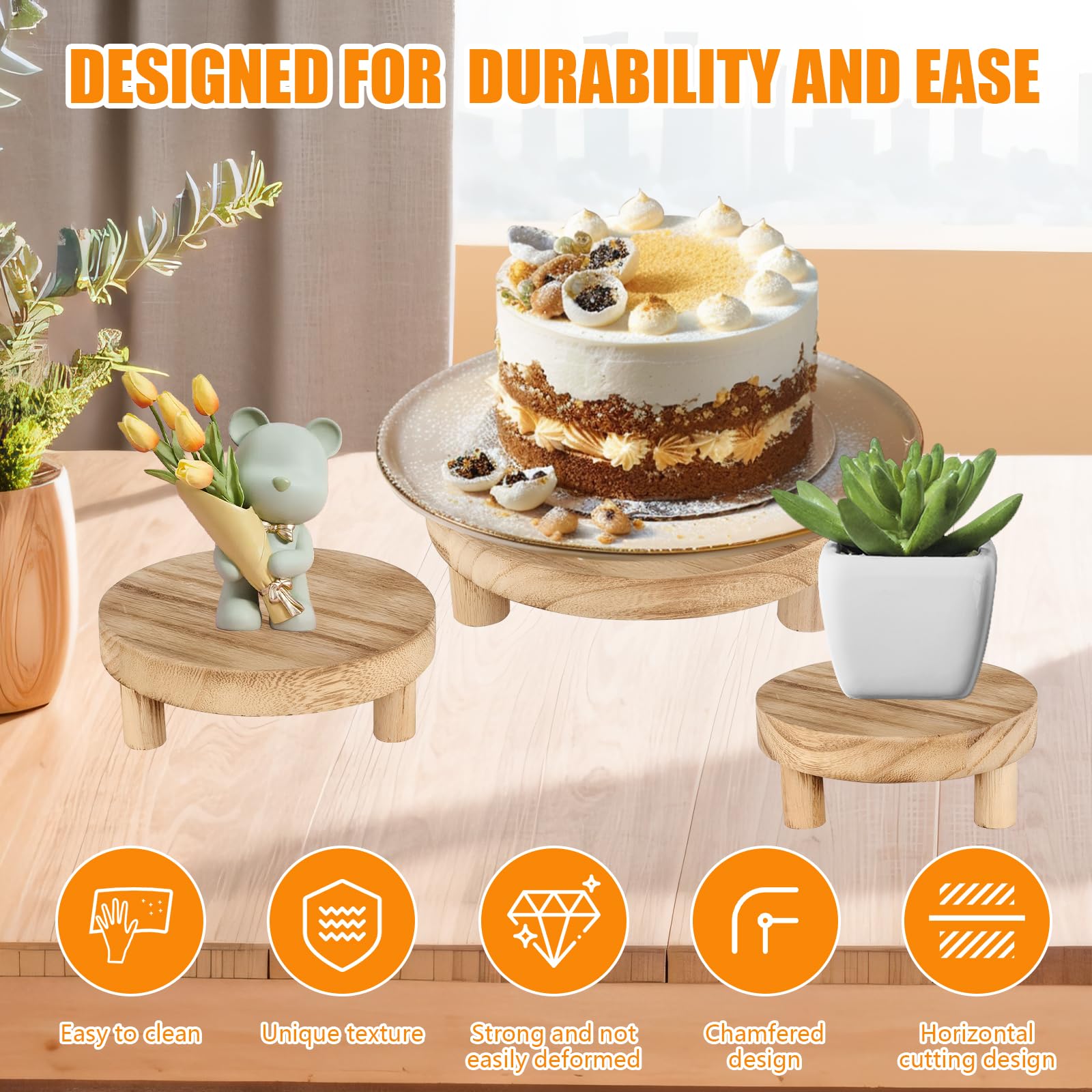 Taburete para Plantas, 3 Piezas Soporte Elevador de Plantas de Madera con Tres Diámetros Diferentes (15 cm, 20 cm, 25 cm) Taburete para Flores con Patas Extraíbles para Patio Jardín Sala de Estar