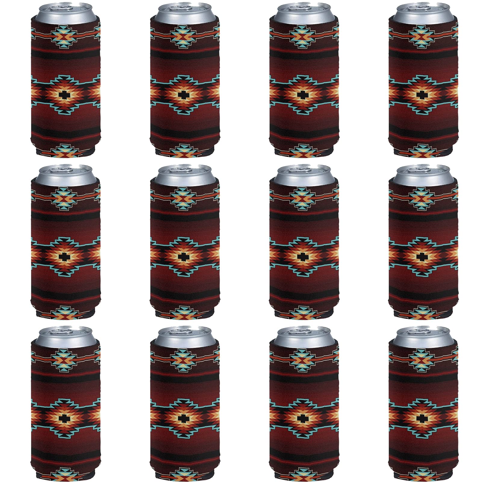 FUSURIRE Red Aztec Pattern Slim Beer Can Sleeves Neoprene Can Cooler Covers Insulator Sleeve Holders Fit for Drink Coke Cans 12 Pieces