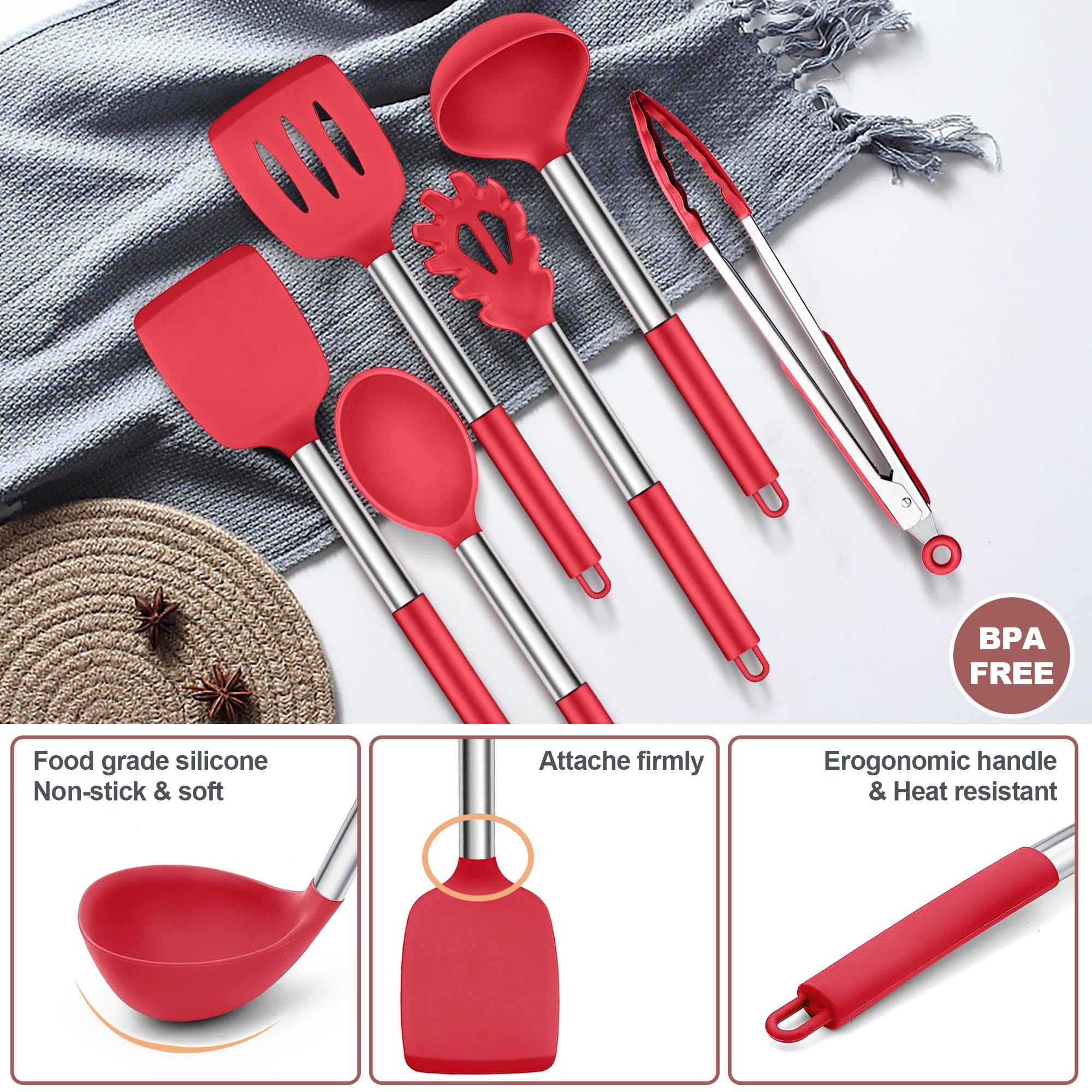 Ustensiles De Cuisine En Silicone 6 Pièces – Résistants à 230°C, Poignée Acier Inox, Blanc