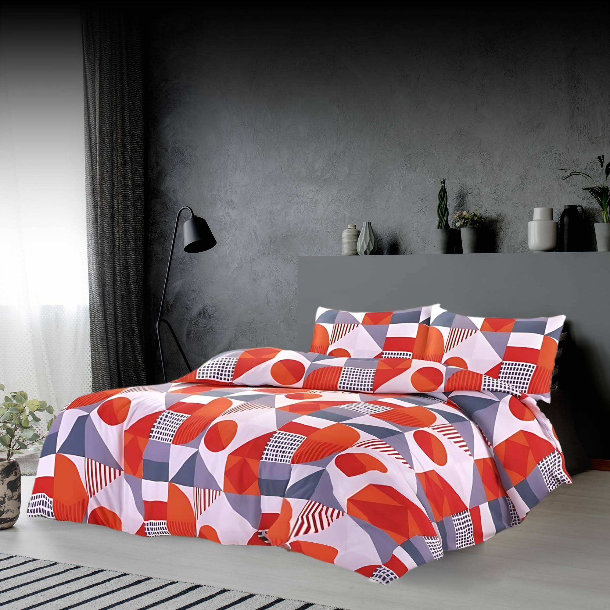 Rohi Luxury Geometric Super King Duvet Cover & Pillowcases – Soft Touch Reversible Printed Red Bedding Set – Button Closure – Breathable & Anti Allergy – Polycotton Duvet Cover Set (Red, Super King)