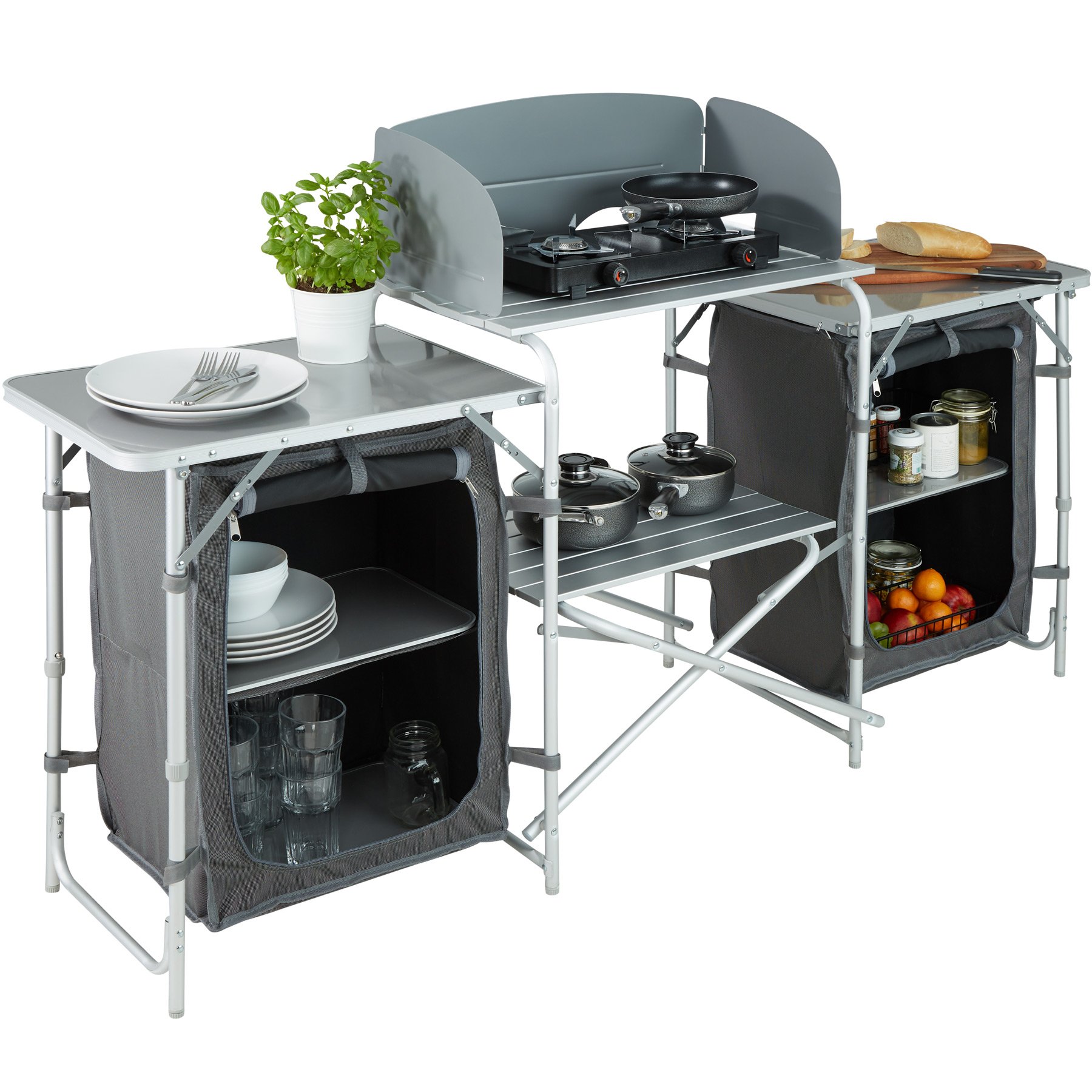 tectake® Cucina da Campeggio, Mobile da Campeggio con Piano di Lavoro e Ripiani, Cucina da Esterno Pieghevole, Idonea per Fornello a Gas, Borsa per Trasporto Inclusa