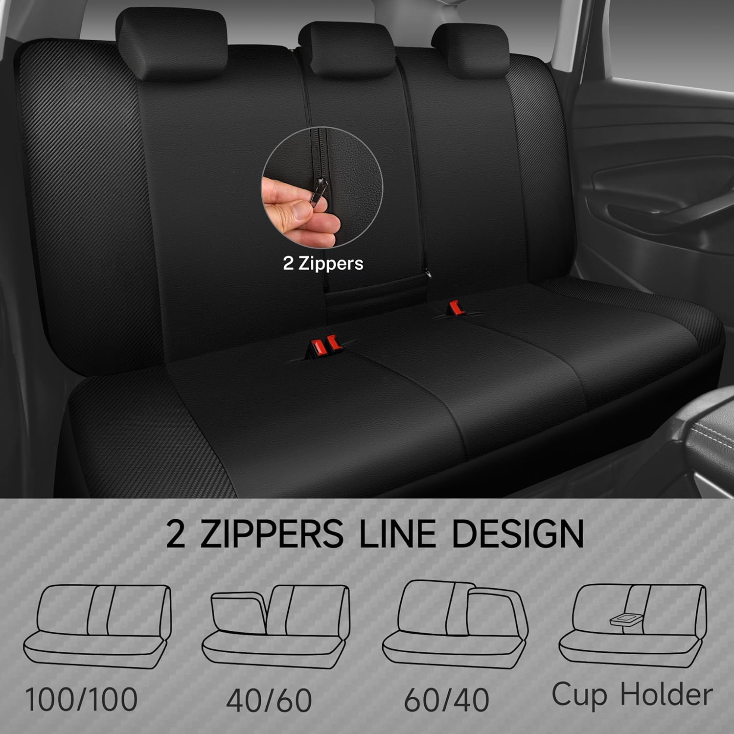 CAR-GRAND Leather Car Seat Covers, Full Set PU Leather and Carbon Fiber Leather Auto Seat Covers, Airbag Compatible, Universal Fit for SUV Sedans Vans Pickup Truck Black & Red Sport Style