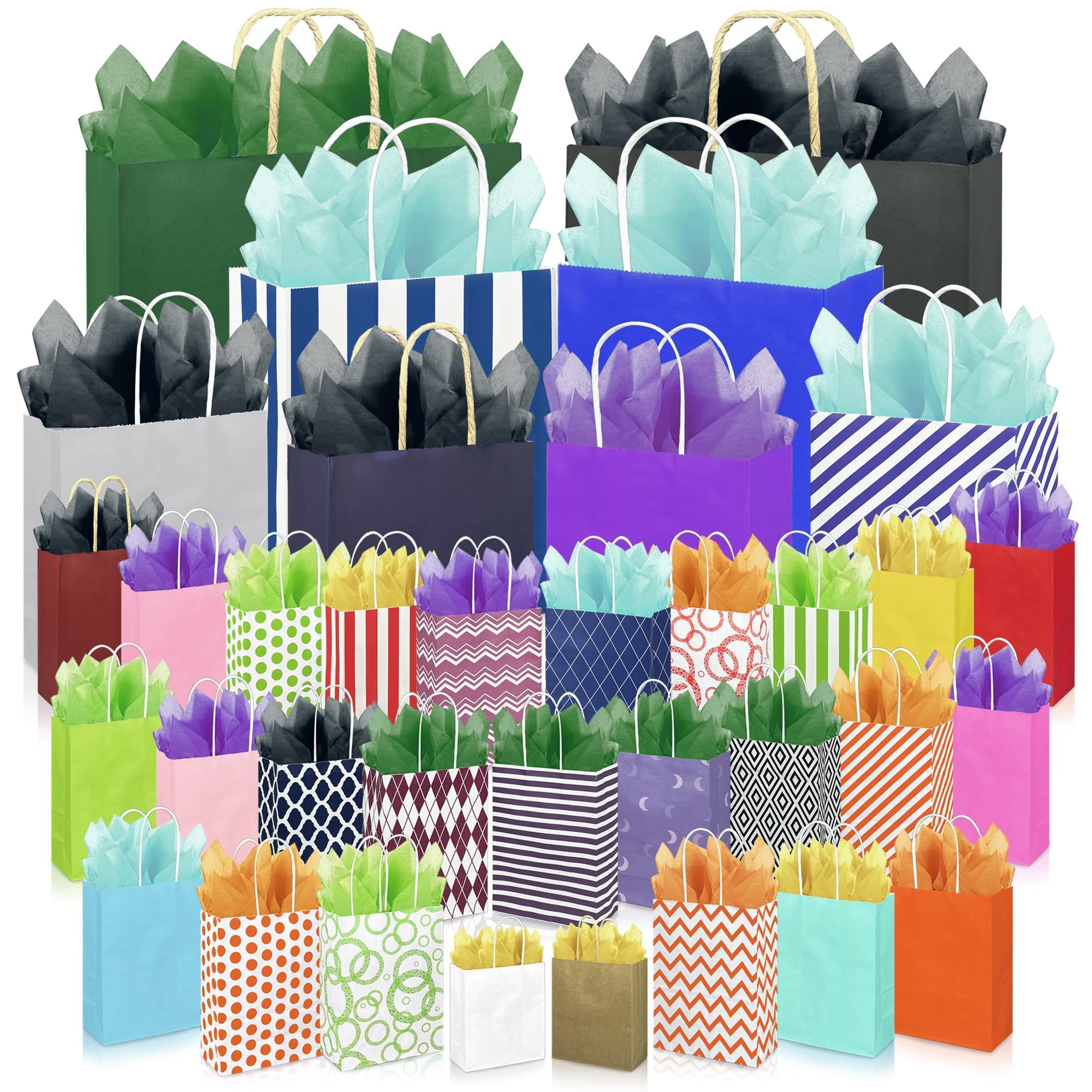 KEEPARTY Lot de 70 sacs cadeaux de tailles assorties avec poignées, comprend 35 sacs cadeaux, 5 tailles, plusieurs couleurs, 35 papiers de soie, 7 couleurs en vrac, parfaits pour les fêtes, les