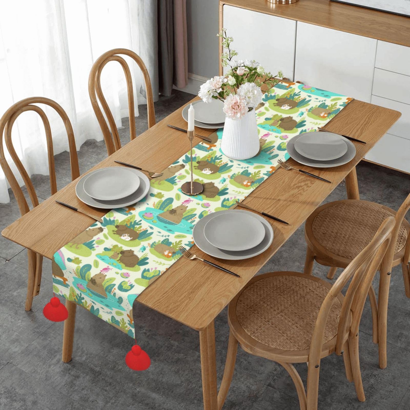 Chemin de table de Noël à pompon 35x152 cm pour décoration de fête