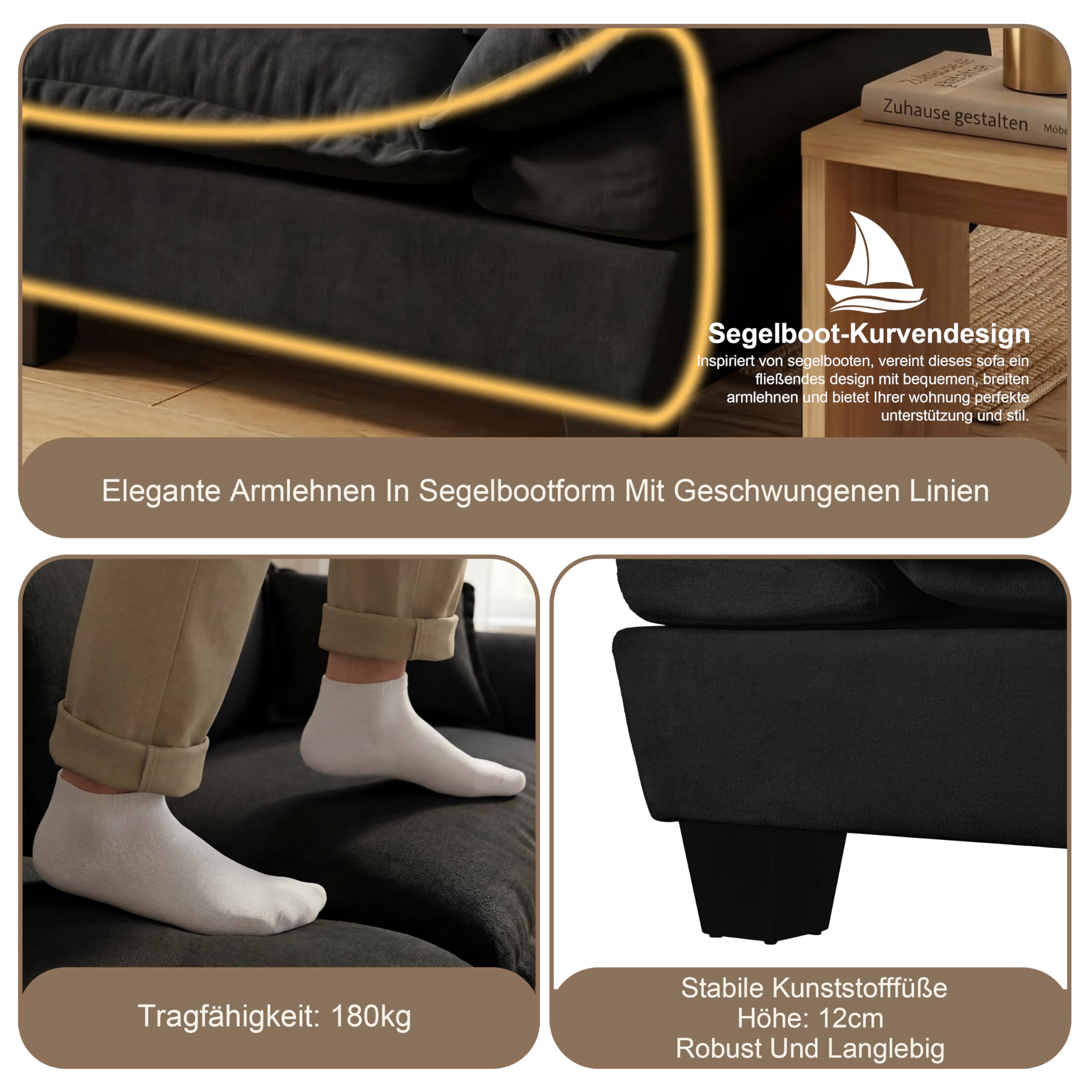 Bladez Sofá modular de 2 plazas, sofá esquinero con otomana, sofá tapizado en forma de L, para sala de estar, apartamento, muebles de salón, color negro