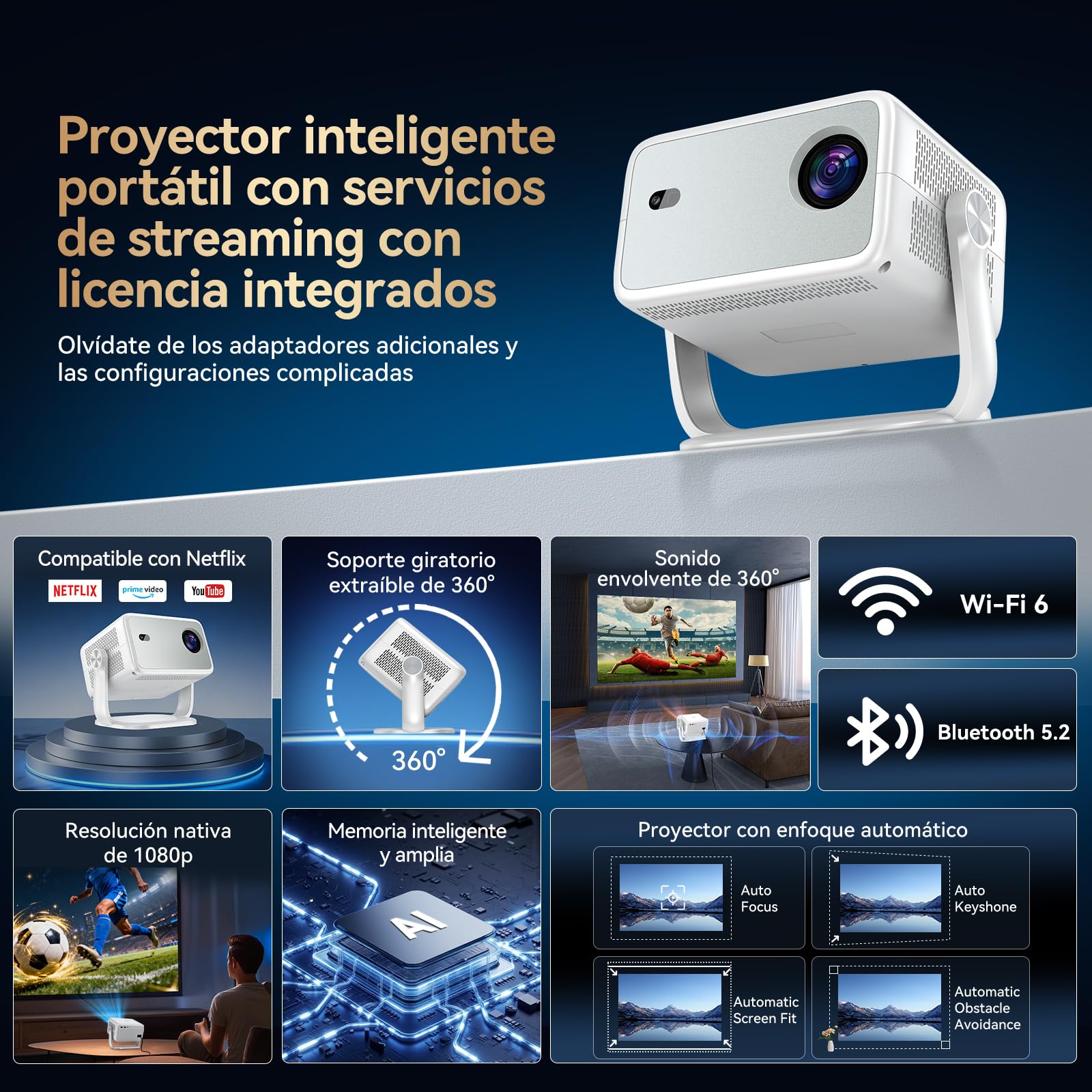 Proyector Portatil 4K con Compatible Netflix y Soporte de 360°, Enfoque y Corrección Trapezoidal Automática, WiFi 6 Ultra Rápido, Bluetooth, Cine en Casa para Smartphone/PS5/Laptop