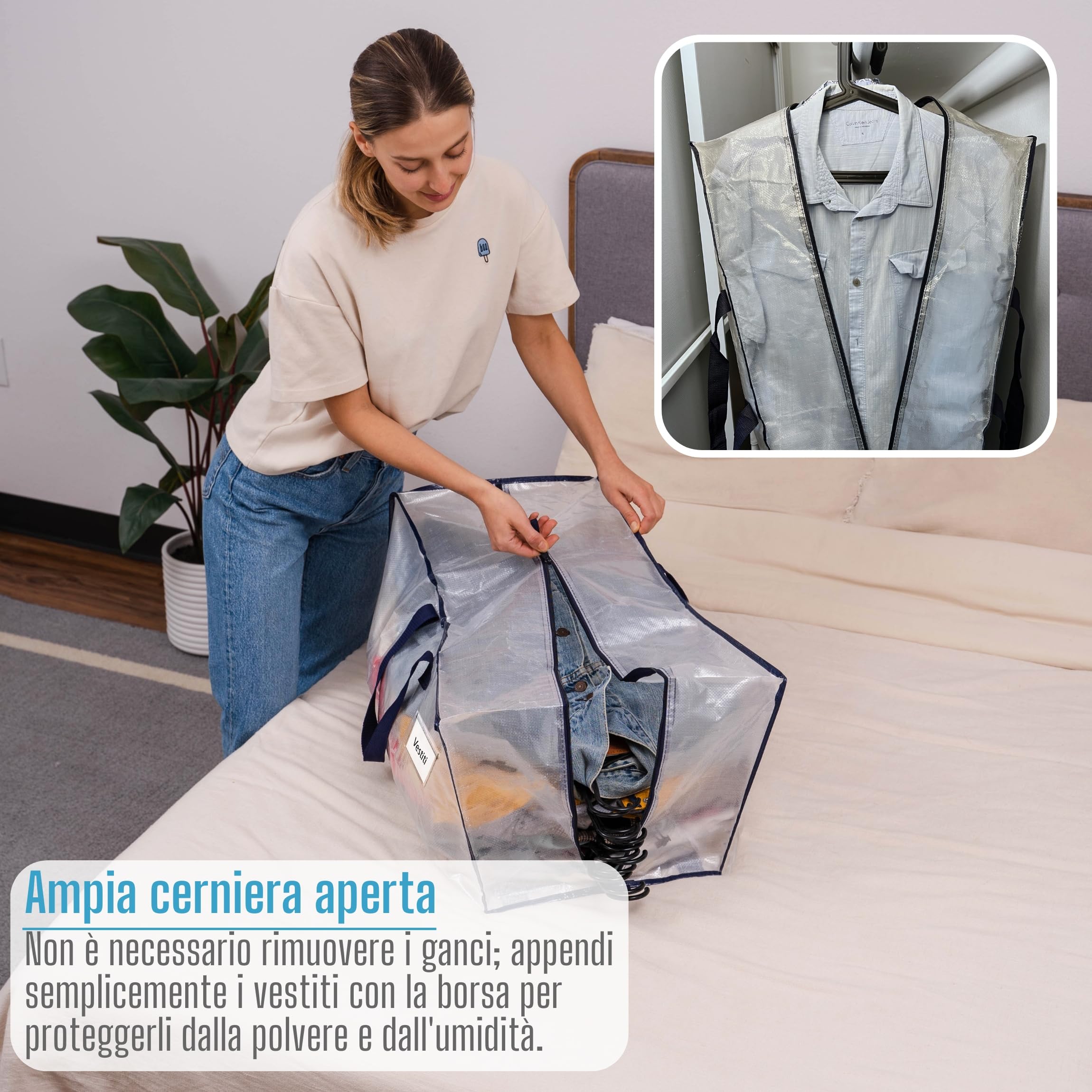 VENO Set da 4 Borse da trasloco extra large, Scatoloni per trasloco con cinghie per zaino, zip e manici resistenti, Scatole per armadio per riporre oggetti, piumoni, vestiti (Trasparente, Set da 4)