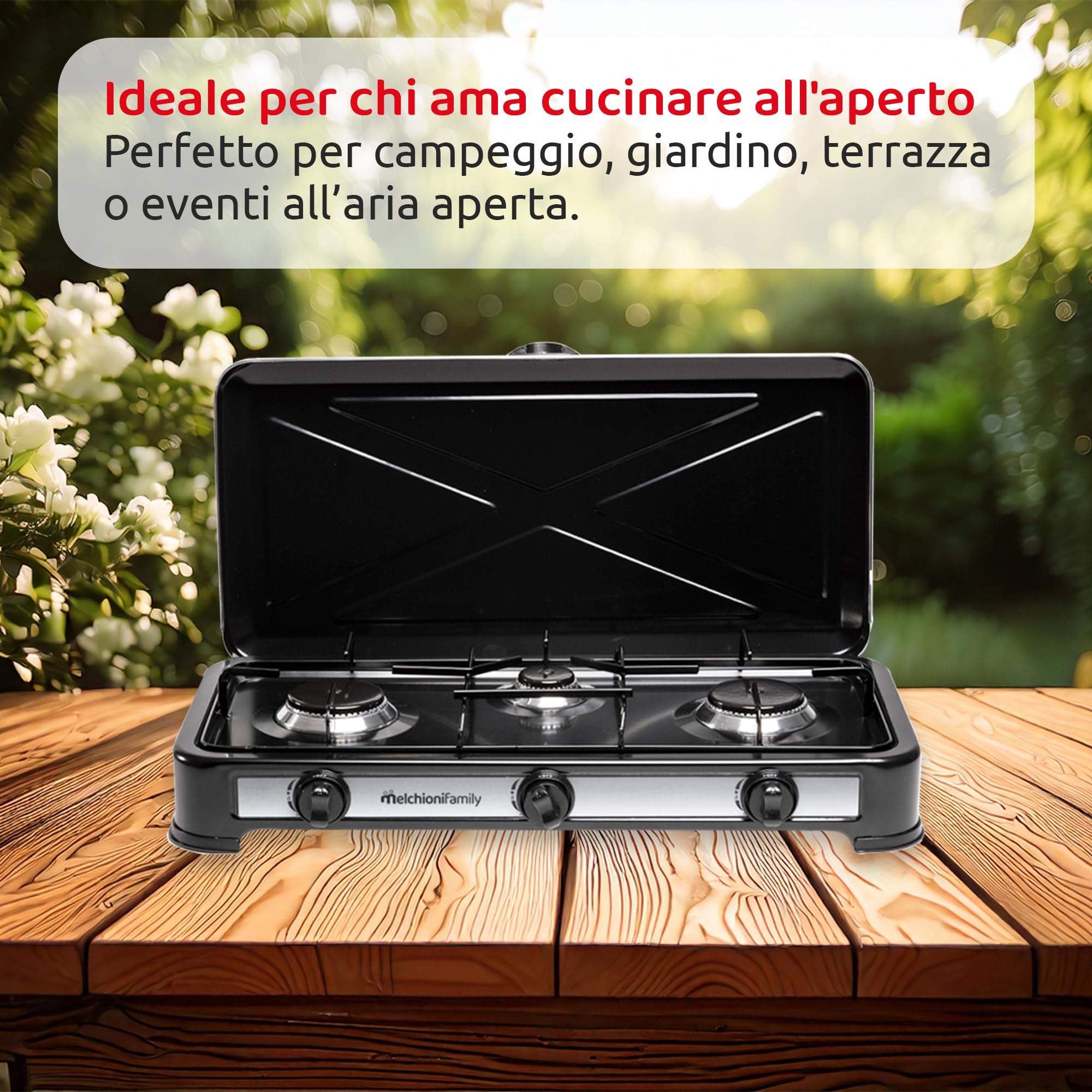 Melchioni Family |Fornello da Campeggio 3 Fuochi Nero MINERVA 3, Gas GPL, Coperchio Protettivo, Griglia e Fuochi Removibili, Struttura in Acciaio Smaltato