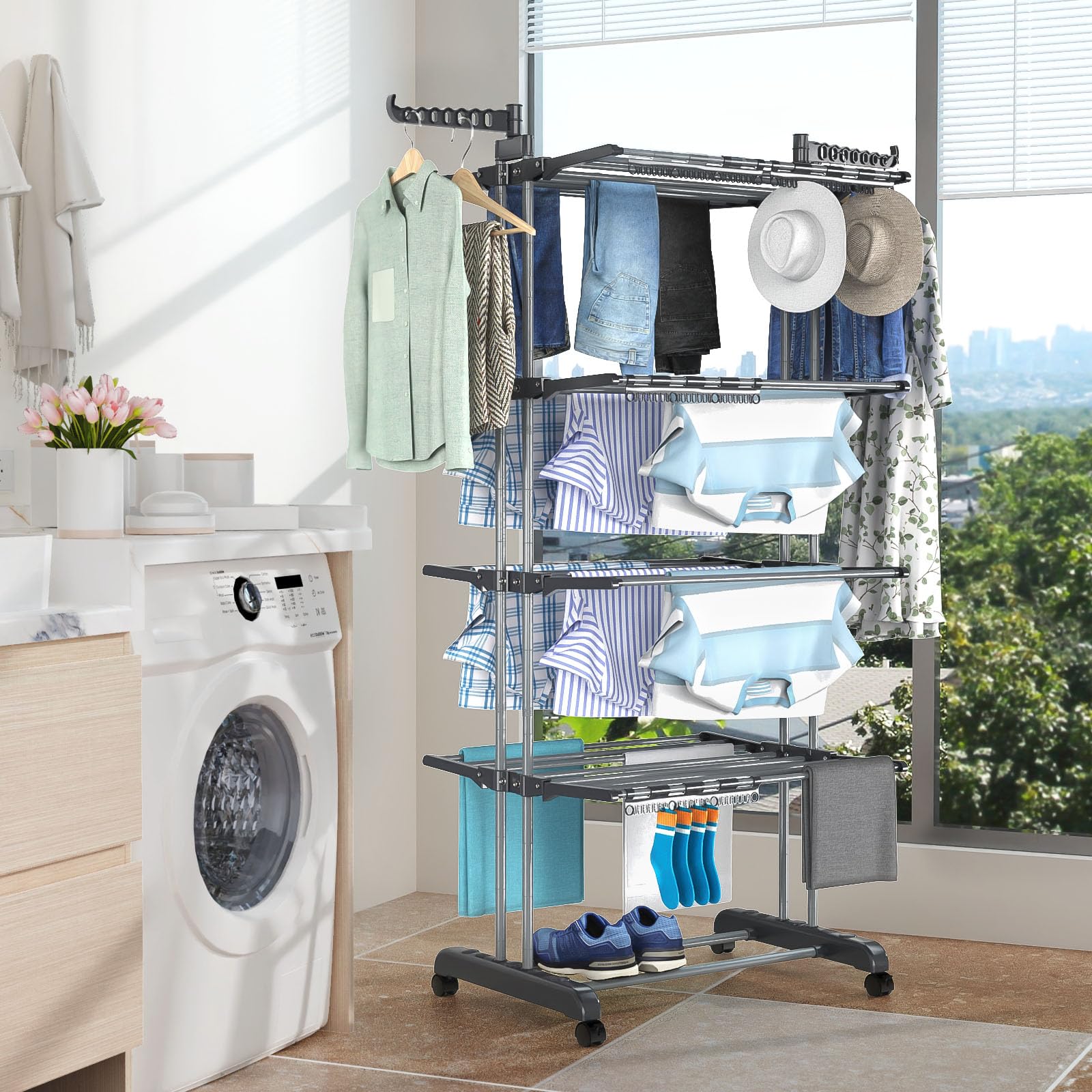 Tendedero Torre Vertical de Ropa con Ruedas 172cm Resistente Plegable Portatil Acero Inoxidable Clothes Drying Rack para Exterior Terraza Balcon (4 Niveles)