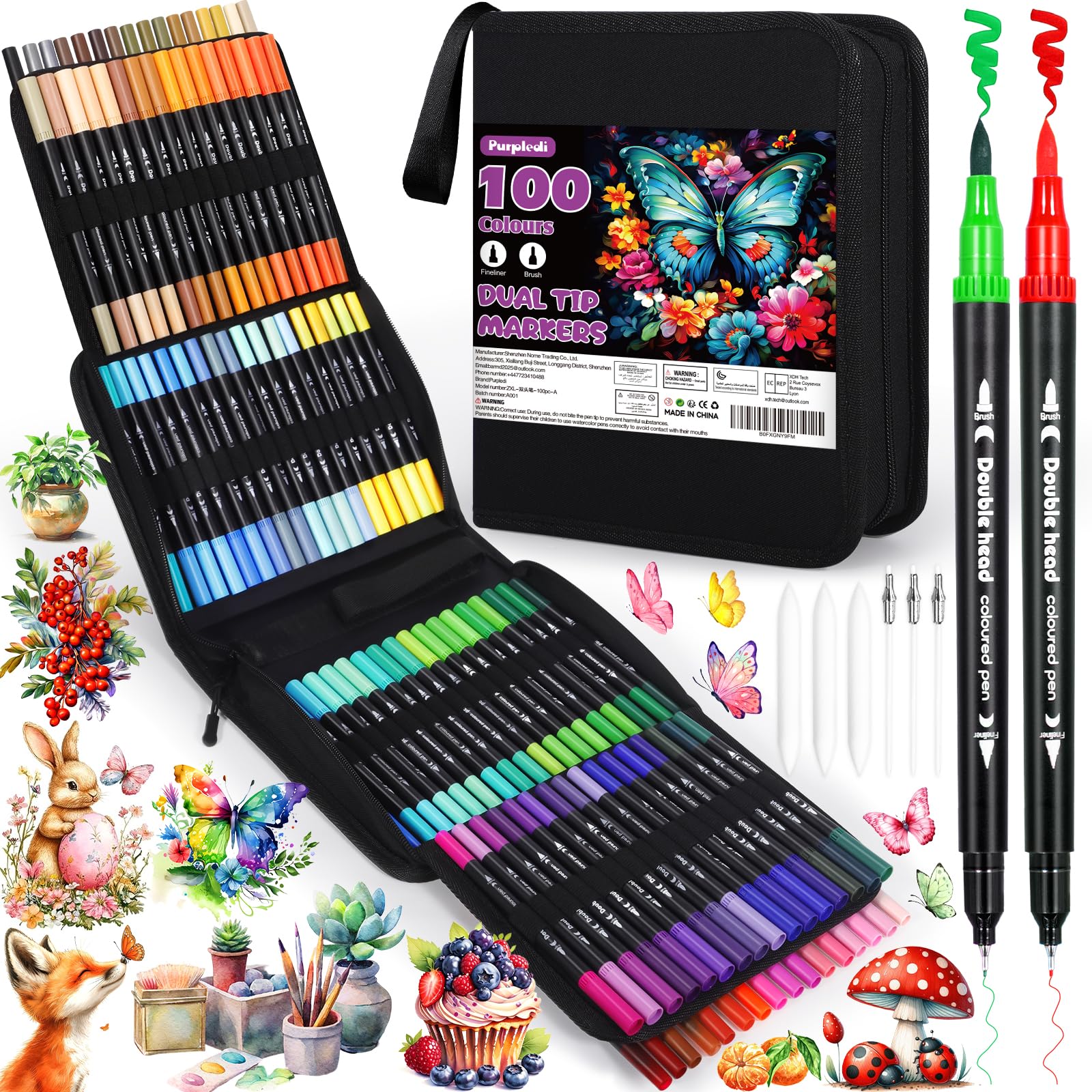 Purpledi 100 Colores Rotuladores Lettering, Rotuladores de Punta Pincel de arte, Brush Pen para Lettering, Caligrafía, Colorear, Dibujar, Pintar Regalo para Niños y Adultos