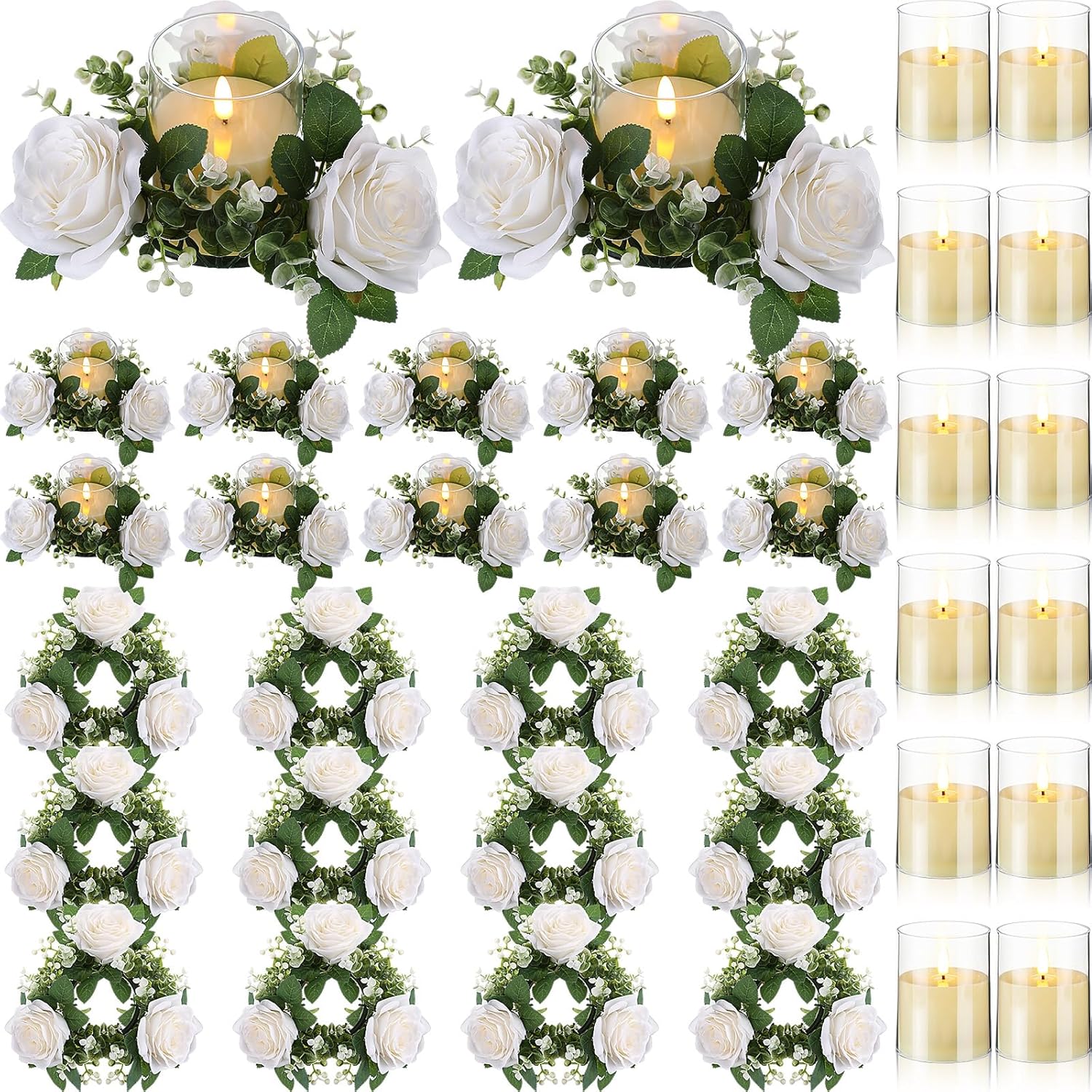 Yunlly Artificial Rose Candle Rings Wreaths 3 Inch Wedding Centerpiece LED Flameless Candles Eucalyptus Rings for Centerpiece for Tables Party Valentine Mother's Day Decoration(White,12 Pcs)
