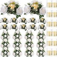 Yunlly 12-Pack White Rose Eucalyptus Candle Rings with LED Flameless Candles - 3 Inch Wedding Centerpieces, Valentine's Table Decor