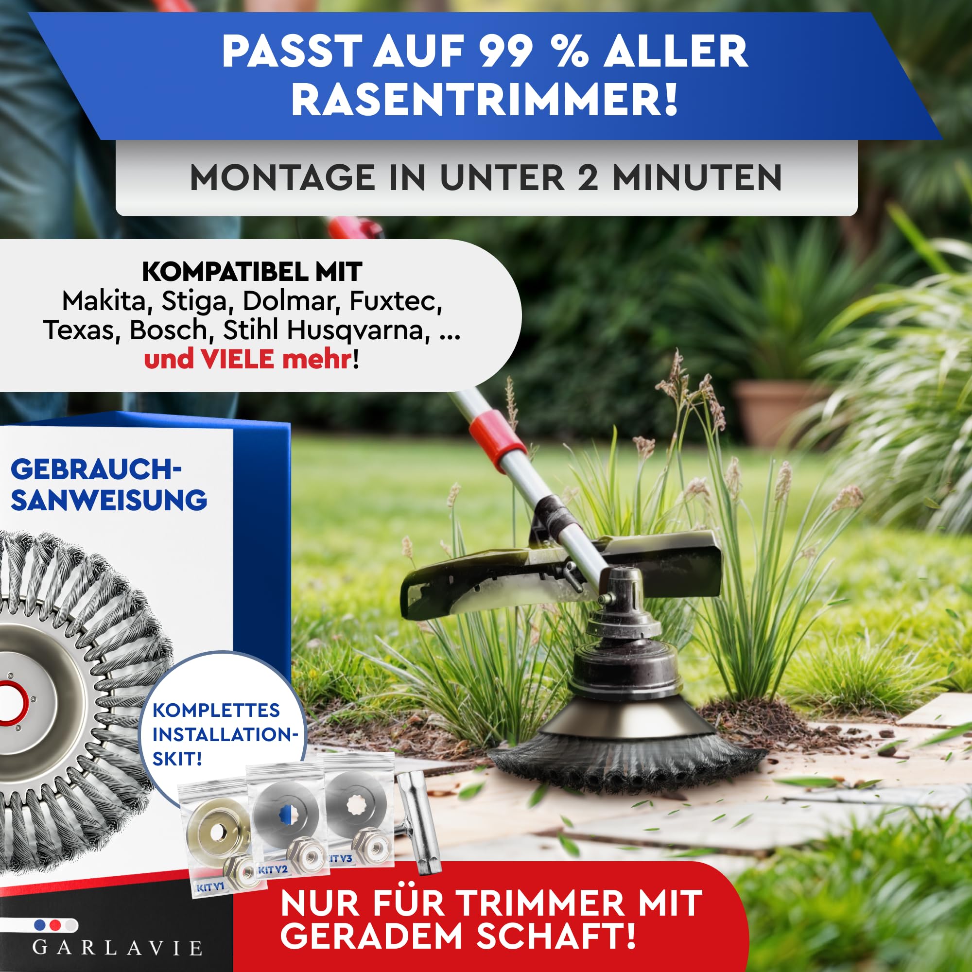 Profi Unkrautbürste Freischneider mit 25,4mm Bohrung - Hochwertige Wildkrautbürste für Motorsense - Drahtbürste Freischneider für effektive Moosentfernung, Silber