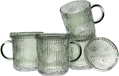 Lysenn Juego de 4 tazas de café de cristal de alta calidad con tapas, diseño único para té, latte, cacao, chocolate, 10 onzas, verde lima