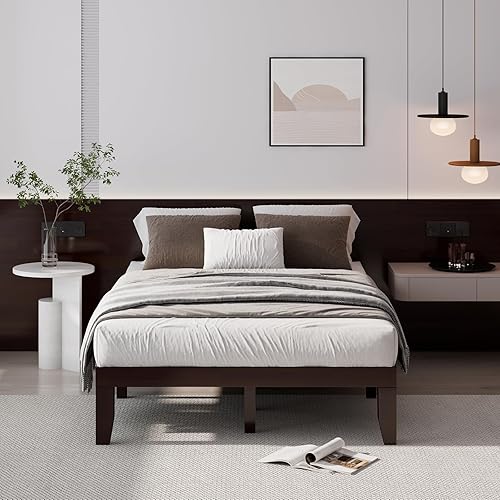 Miniatura 77 de Giantex Base de cama de plataforma de madera matrimonial de 14 pulgadas, base de colchón de estilo minimalista con madera de goma maciza, soporte de