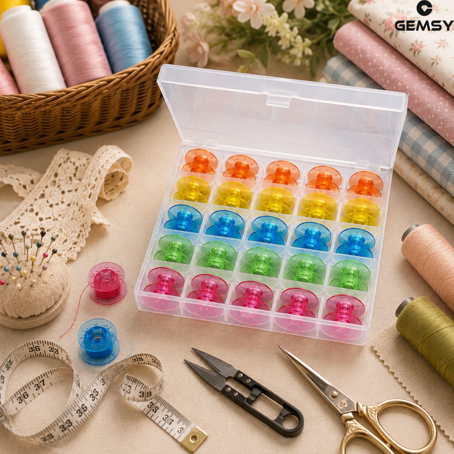 Gemsy Sewing Machine Transparent/Colour Bobbin Pack of 25 with Box : Plastic Bobbins, Tailoring Tools - Perfect for Regular Sewing Machine Like Usha Brother Singer Janome | Storage Box for Bobbin 1