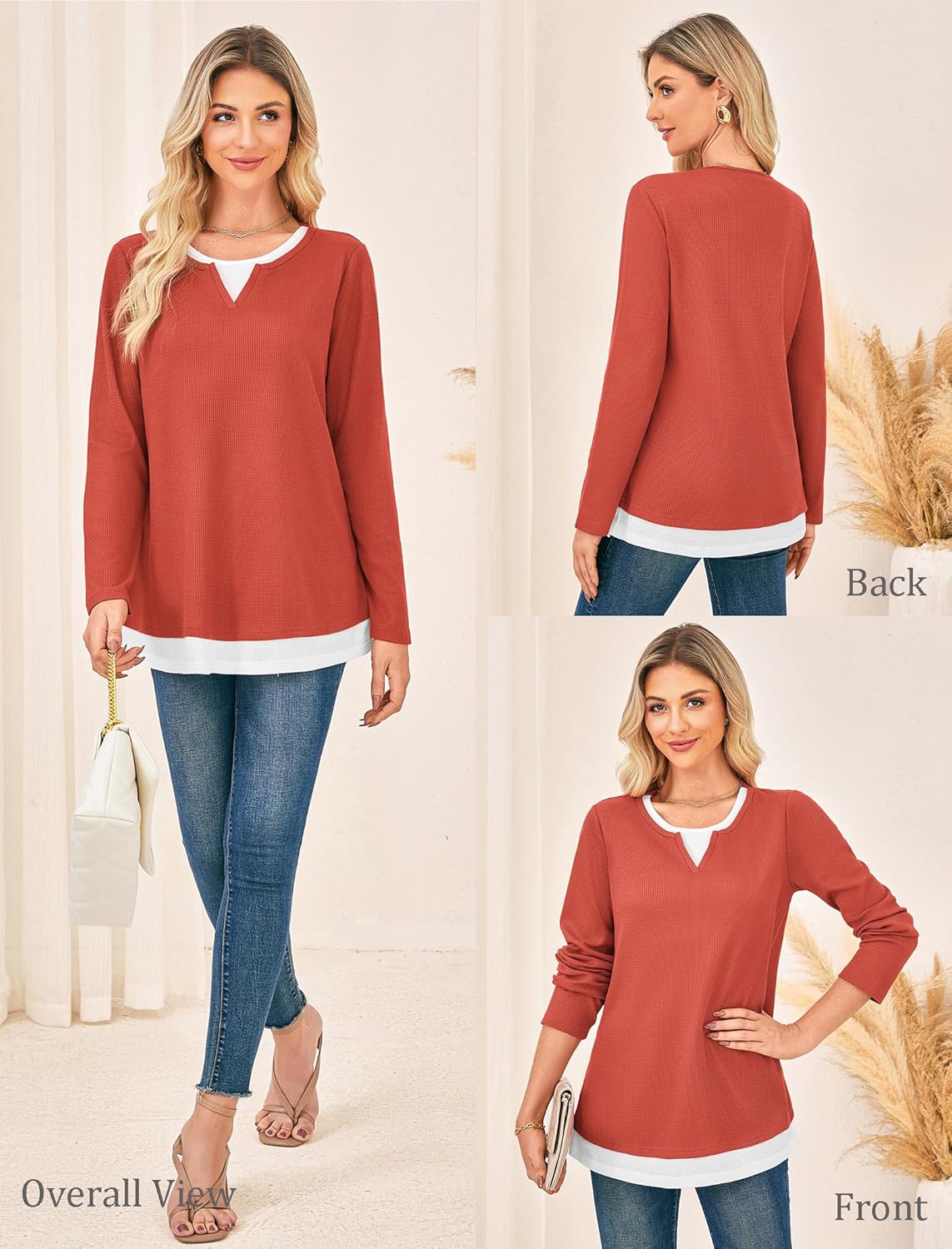 GRACE KARIN Women 2025 Fall Long Sleeve Shirts,Casual Crew Neck Colorblock Tunics,Waffle Knit Fashion Basic Tops - Image 3