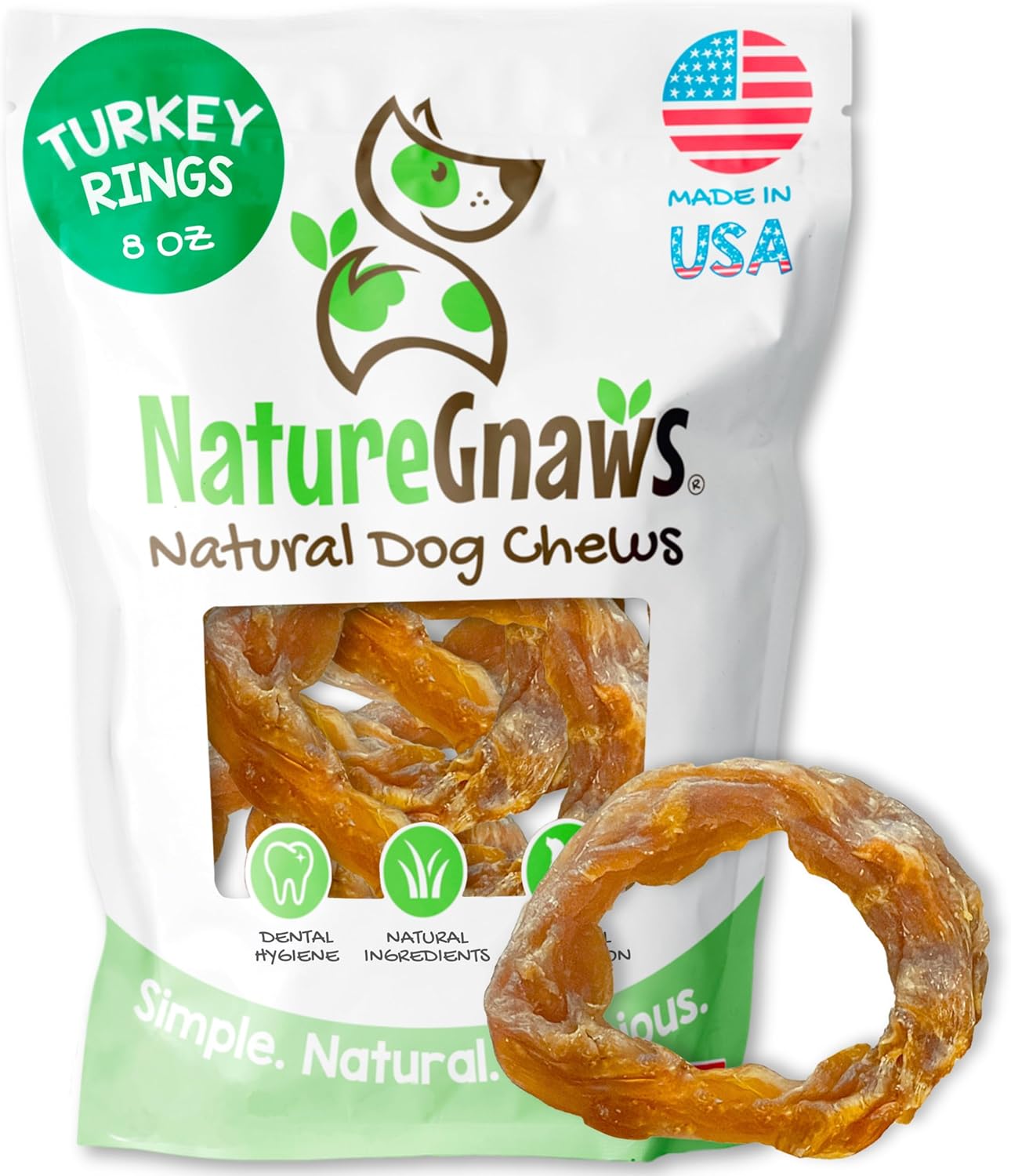 Nature Gnaws USA Turkey Tendon Rings for Dogs (8oz) - Delicious Grain Free Reward Snack for Small, Medium & Large Breeds - Premium Natural Dog Chew Treats