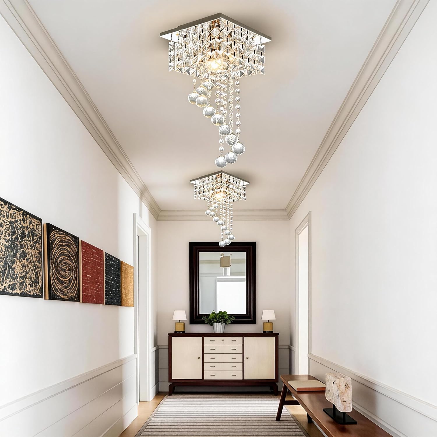 Mini Crystal Chandelier Flush Mount, 7.9" Square Crystal Flush Mount Ceiling Light, 1-Light E26 Socket, K9 Crystal & Stainless Steel, Small Chandelier for Entryway Hallway Closet Bedroom, Chrome