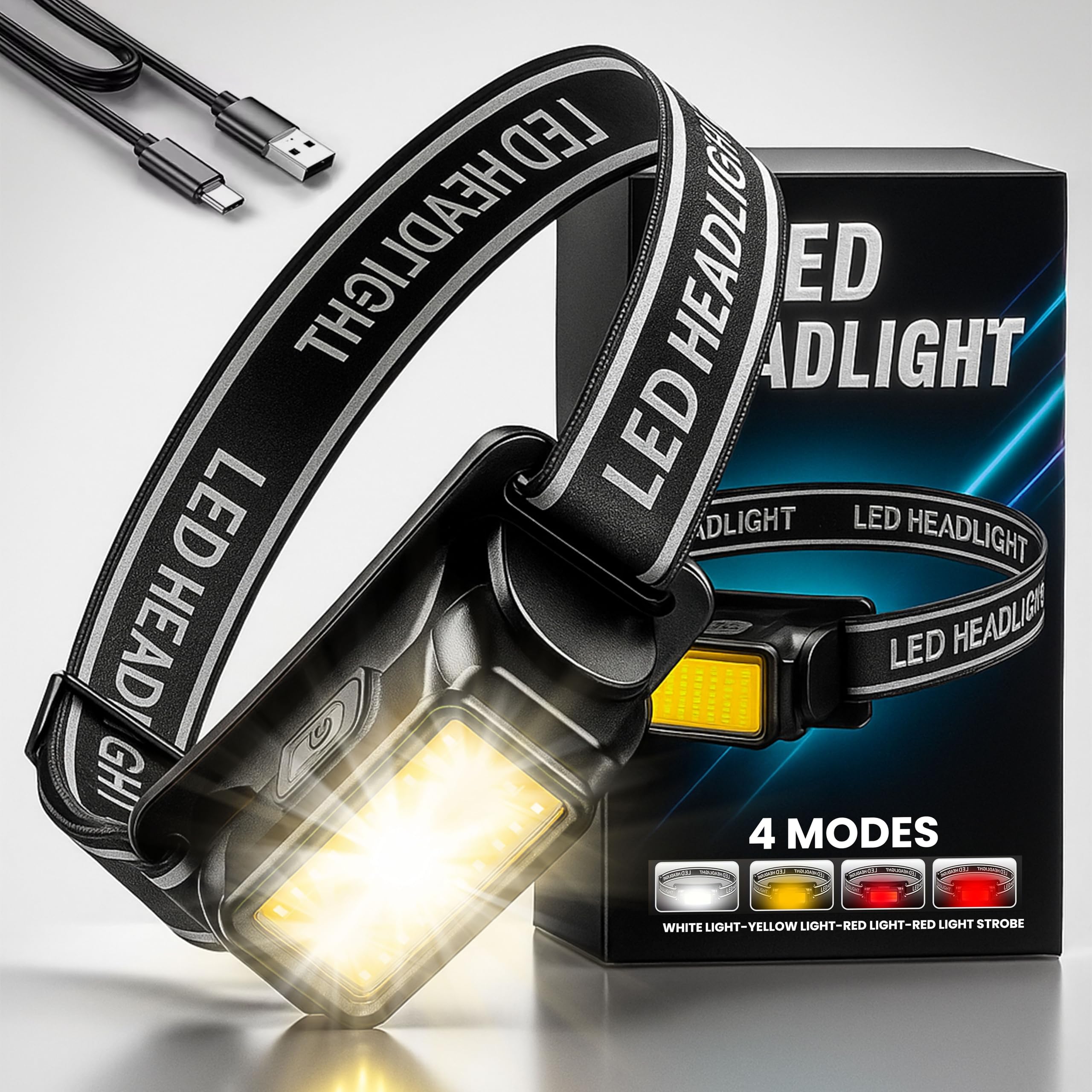 Rechargeable LED Headlamp, 1200 Lumens Super Bright Head Torch with 10 Modes & Motion Sensor, USB-C Waterproof Head Light for Camping, Hiking, Running, Fishing, Adjustable Lightweight Headlight lamp