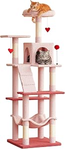 Pink Cat Tree, 163cm Multi-Level Tower for Indoor Cats with Sisal-Covered Scratching Posts, Padded Perch, Cozy Hammock and Dangling Toys