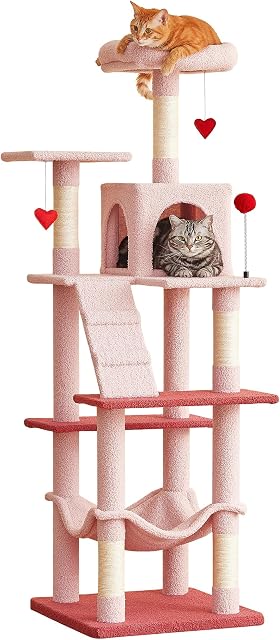 Arbre de chat rose, 163cm Tour multi-niveaux pour les chats intérieurs avec des poteaux de scratch au sisal, perche rembourrée, hamac cozy et jouets de danse