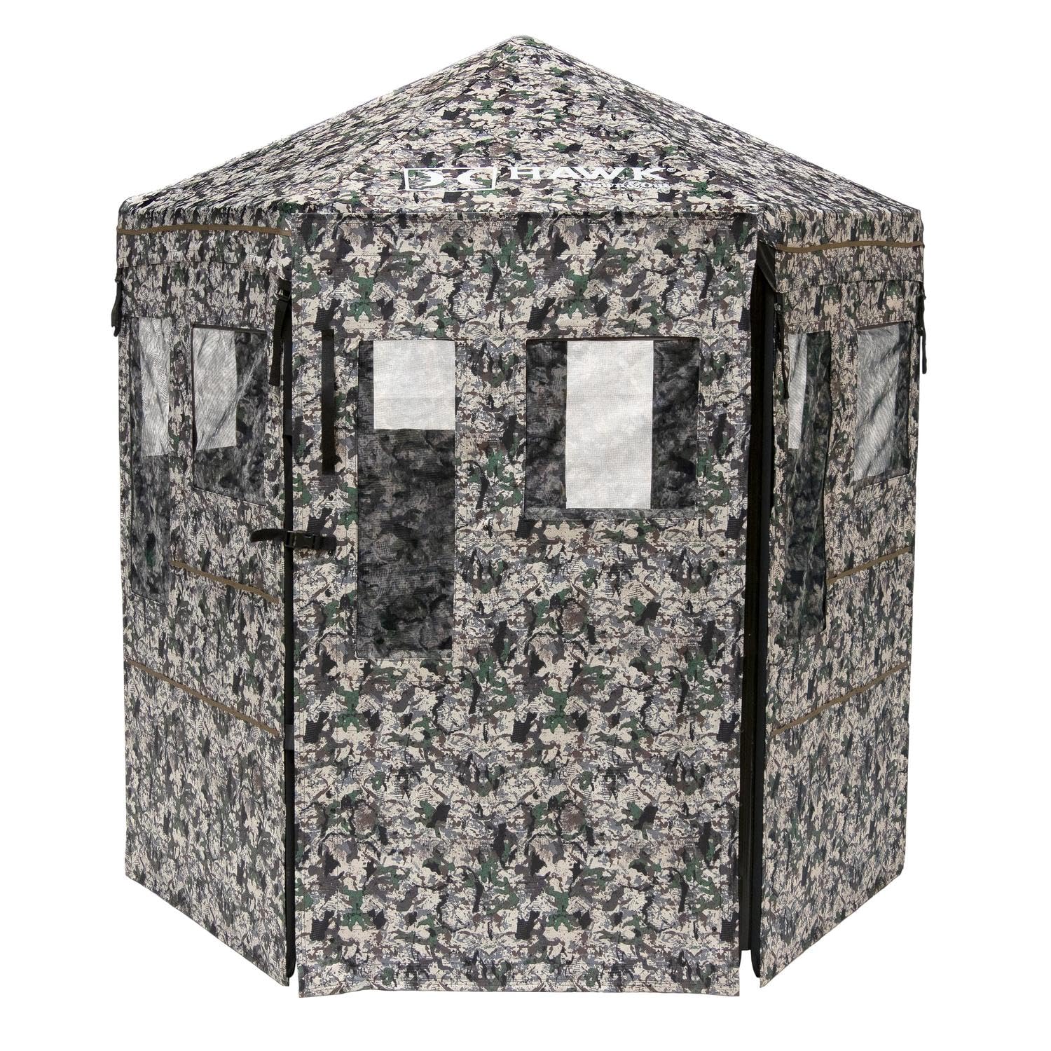 Hawk Warrior Hunting Durable 72'' L X 78'' T No-Tool Assembly Camo Concealing Ground Panel Blind with Silent Magnetic Closures & Multiple Windows