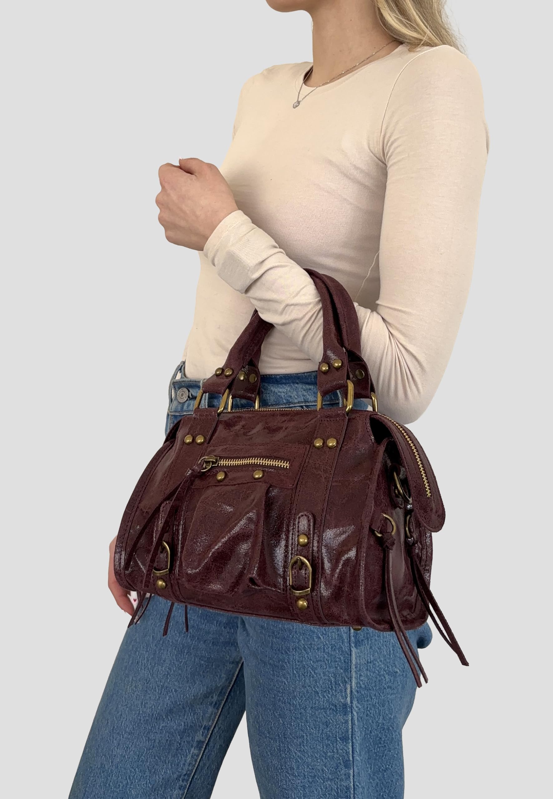 Borsa a Mano Alla Moda Piccola con Tracolla da Donna in Pelle Spatolata con Borchie