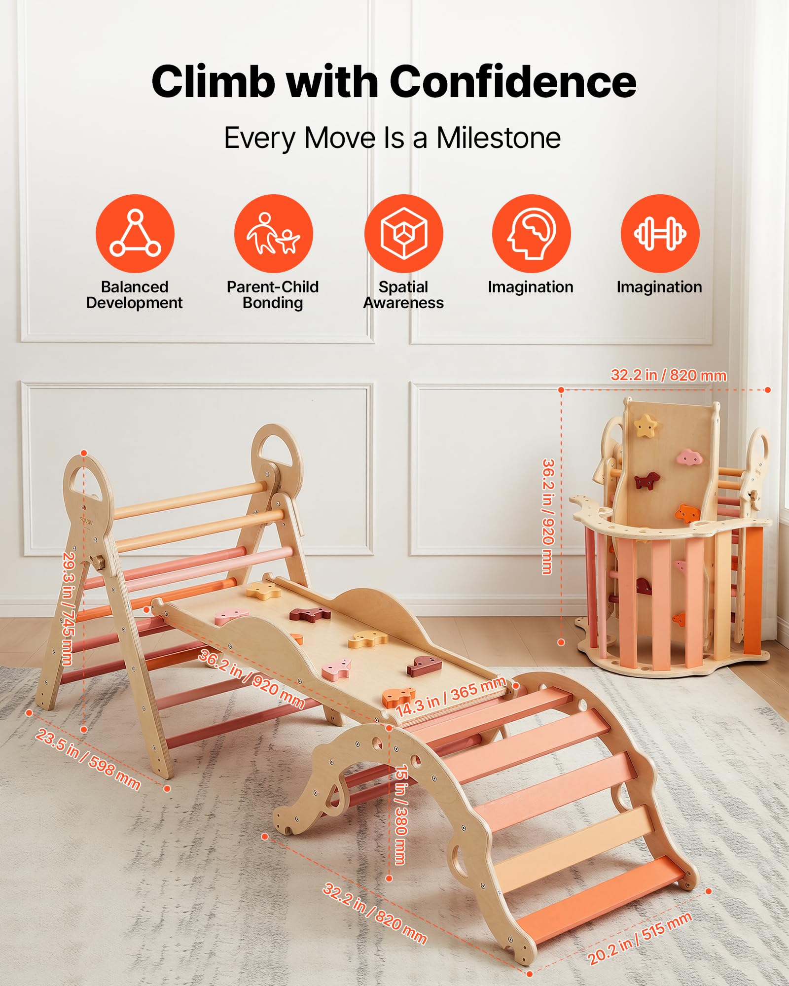 VEVOR Kletterdreieck, 9-in-1 Kletterspielzeug, mit Holzautos, Kissen, Kletterdreieck, Rutsche & Kletterbogen, bis 68 kg, Montessori Indoor Spielset für Kinder im Alter von 1 bis 3 Jahren, Orange