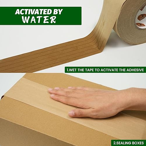 Miniatura 5 de Cinta de embalaje reforzada con agua de 2.75 pulgadas x 450 pies, repuesto de cinta ecológica de goma kraft marrón para envío resistente, mudanza