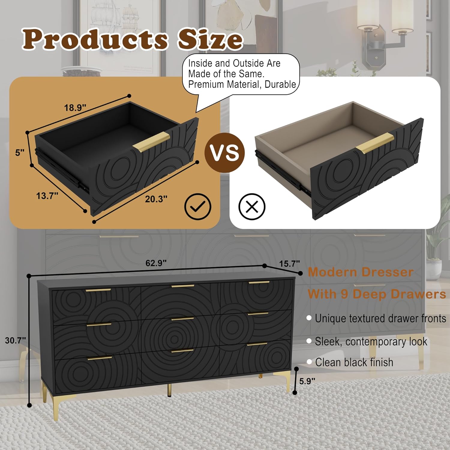 9 Drawer Dresser, Modern Wooden Dresser Chest with Metal Handles, Large Storage for Bedroom, Living Room or Closet Organizer (Black)