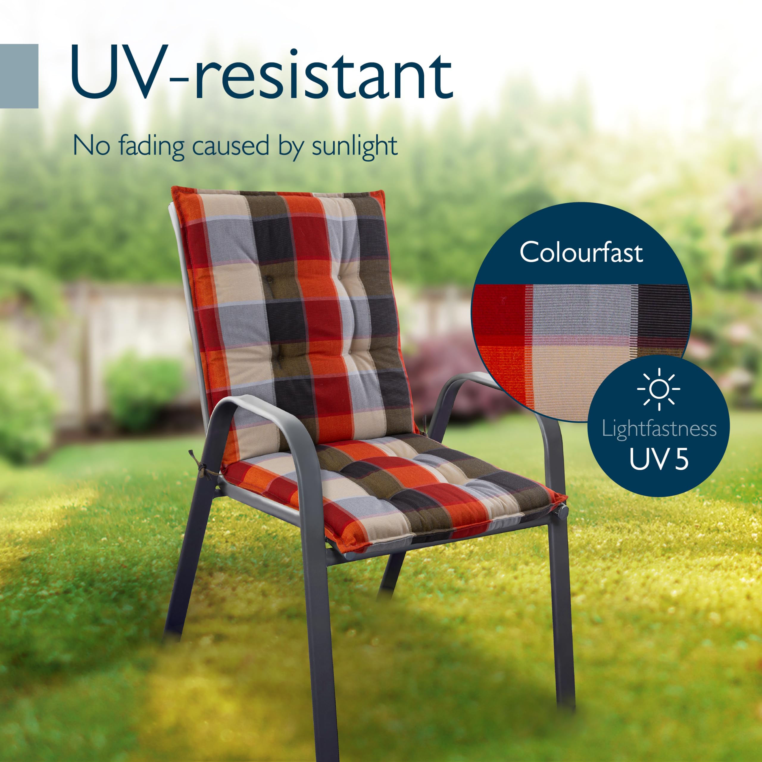 Beautissu Set of 6 Premium Outdoor Chair Cushion Low Back with Non-Slip, Orange Beige Chequered, 6 Cushions - Image 6
