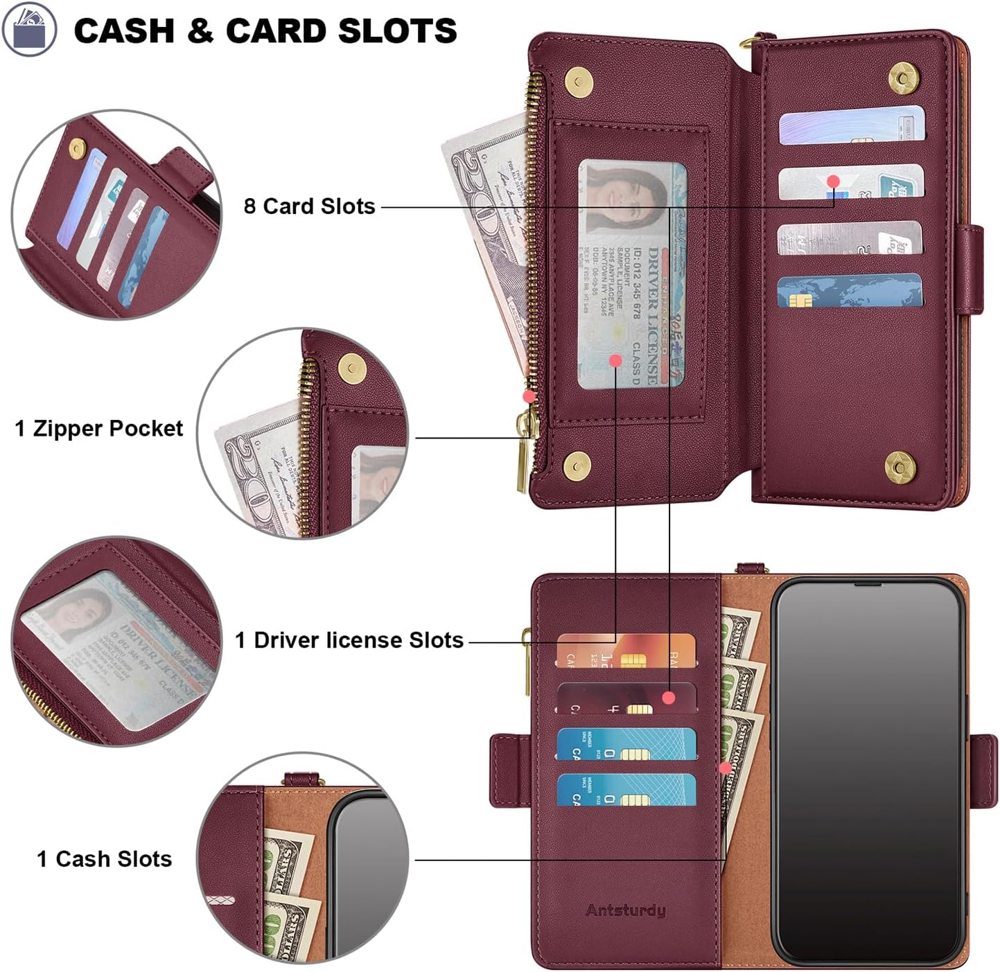 Antsturdy Compatible with iPhone 17 Pro Max Wallet Case Women,RFID Blocking PU Leather Phone Case Men Kickstand Flip Cover Wrist Strap Zipper Credit Card Holder Slots for Apple 17 Pro Max,Wine Red - Image 5