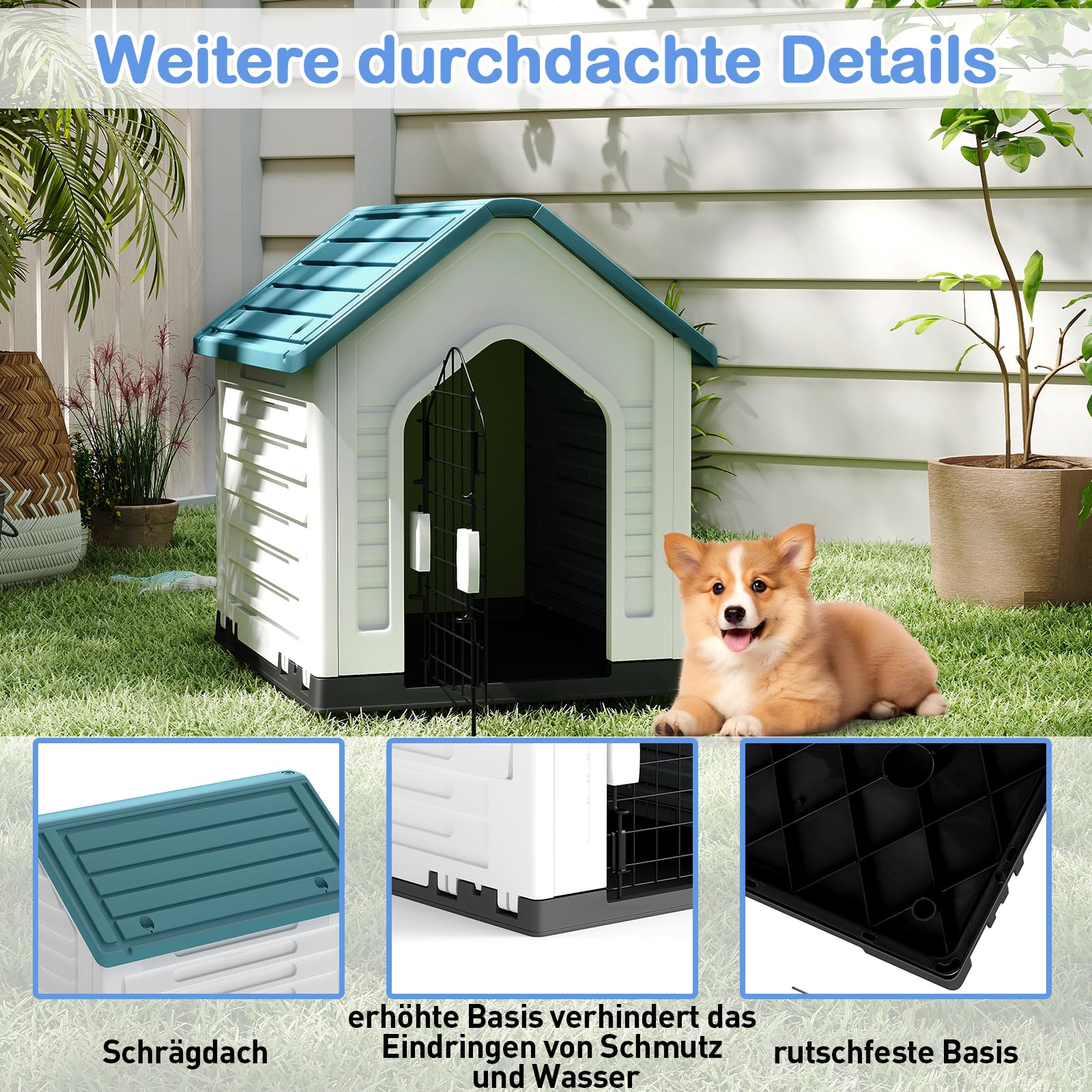 GOPLUS Hundehütte Outdoor, Hundehütte wetterfest mit verschließbarer Gittertür & erhöhter Boden, Luftventile, Schrägdach, Hundekäfig Indoor, Haustierhaus Zuhause für Hunde & Katzen (Blau)