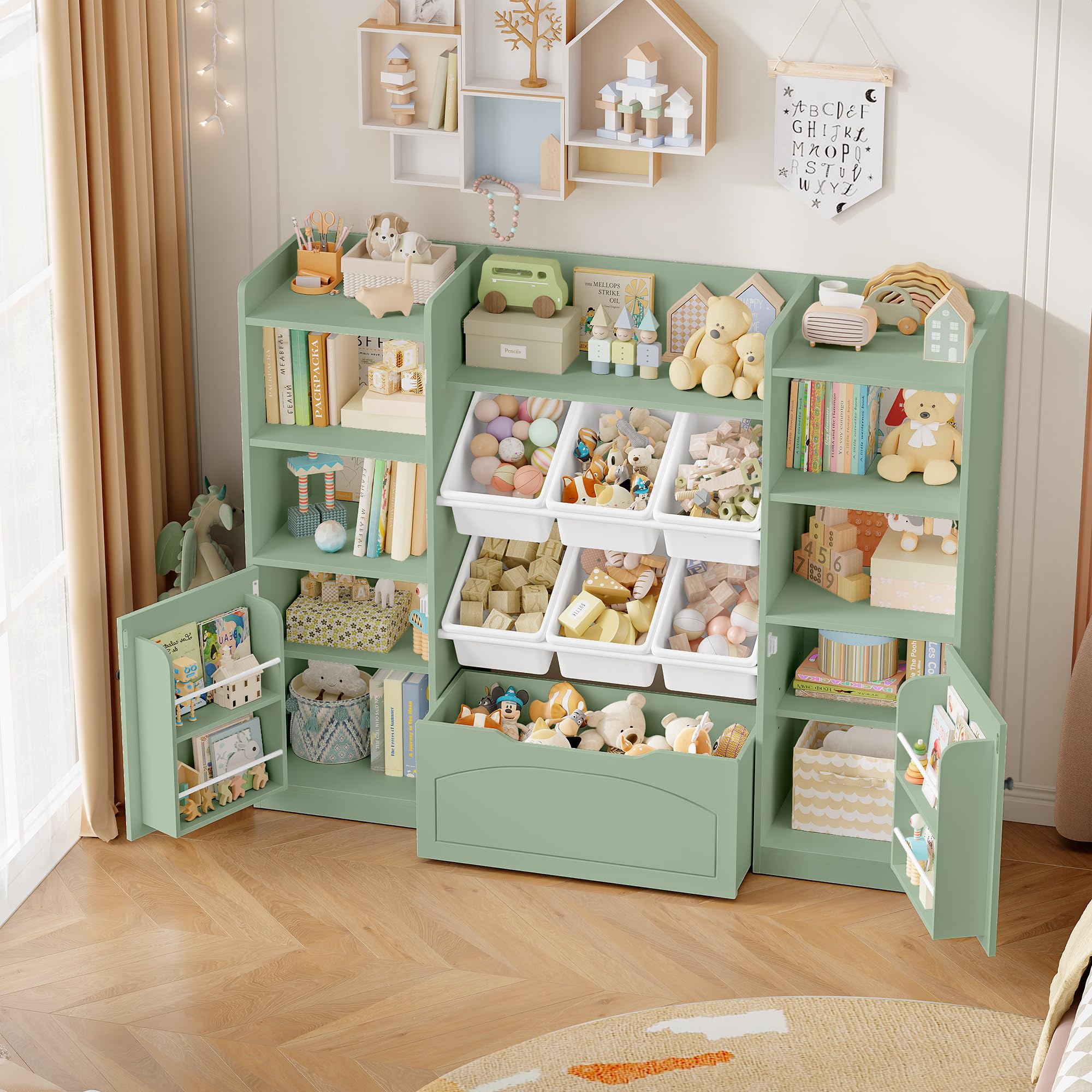 FOREHILL Meuble Rangement Enfant Bibliothèque Enfant avec 15 Étagères 6 Boîtes Amovibles 1 Tiroirs Roulants 2 Portes Rangement Jouet pour Chambre d'enfants Salle de Jeu 140x33x108.2cm Vert