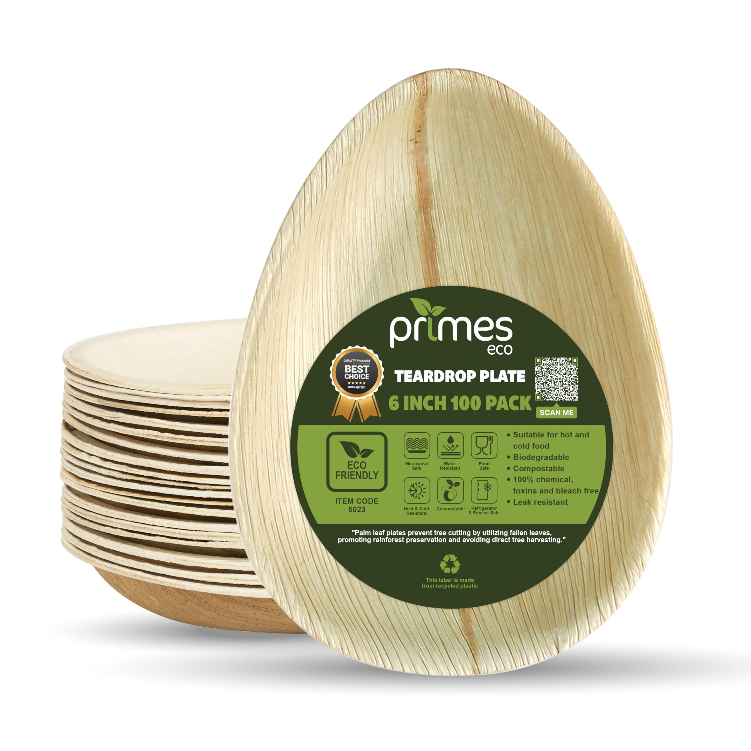 PRIMES ECO Palm Leaf Plates – 100 Pack 15 cm (6") Teardrop/Oval Disposable Dinnerware, Rustic Wood Look, Microwave & Freezer Safe, Areca Leaf Party Plates for Appetisers, Canapés, Desserts