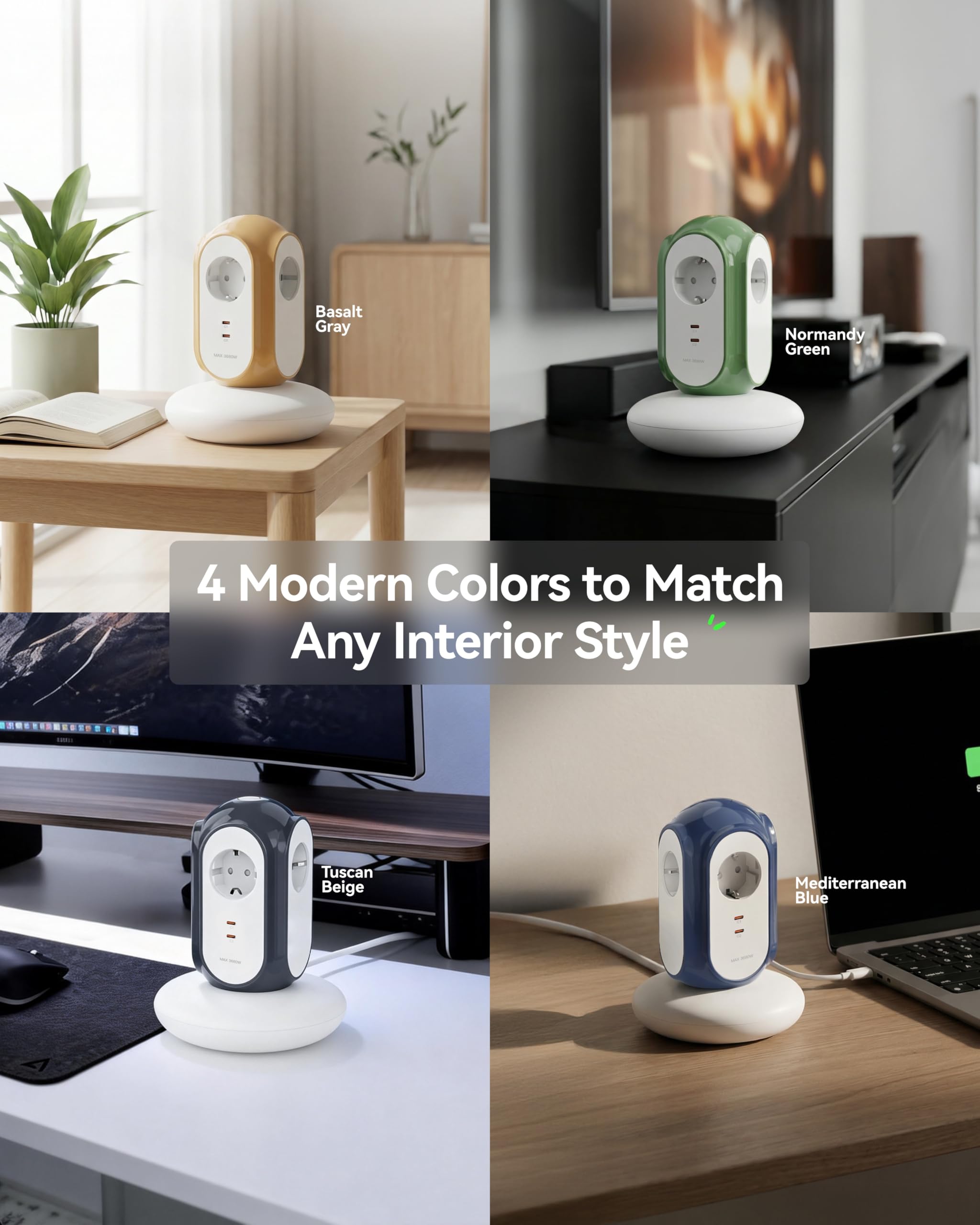 MiaoLab Regleta Eléctrica en Torre con 3 Tomas AC y 2 USB-C (Carga Rápida 30W), 3680W/16A, Protección contra Sobretensiones 1420J, Cable de Extensión 2 m, Protección contra Sobreca (Verde Normandia) — view 9
