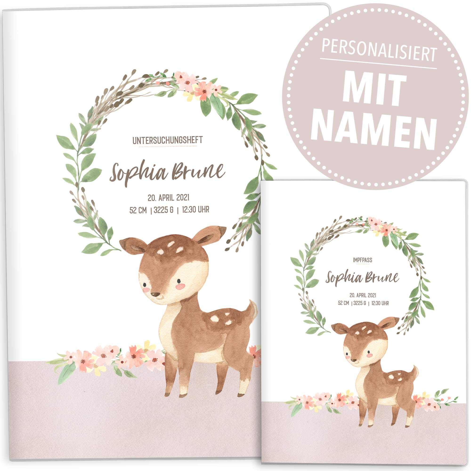 OLGS U-Heft und Impfpasshüllen Set | Cute Forest Reh | Hochwertige Hüllen für Untersuchungsheft & Impfpass | Schöne Geschenkidee mit Namen, Geburtsdatum (Uhefthülle mit Impfpass, personalisiert)
