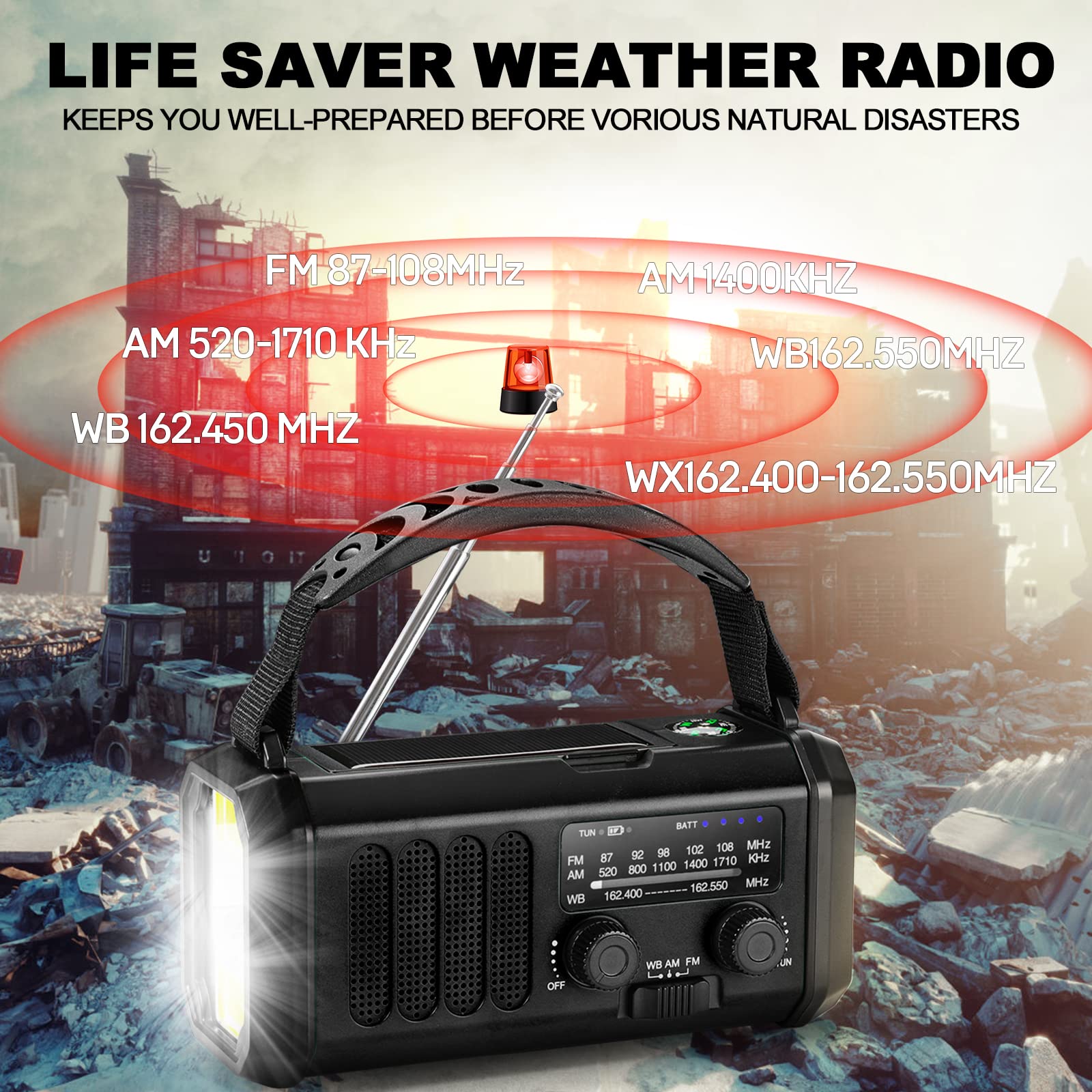 Awaryjne radio pogodowe 10 000 mAh, przenośne radio survivalowe FM/AM/NOAA zasilane bateryjnie i power bank, ładowarka solarna/korba/typ C, latarka, lampka do czytania, kompas,