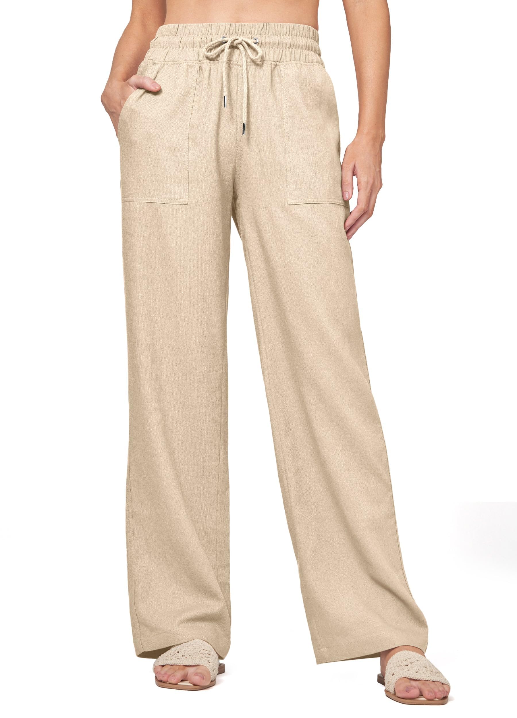 Yunmlep Damen Hose Sommer Leinenhose Lässige Baumwolle Leinen Stoffhose Freizeithose Leichte Sommerhose Strandhose Bequeme Palazzo Hose und Taschen