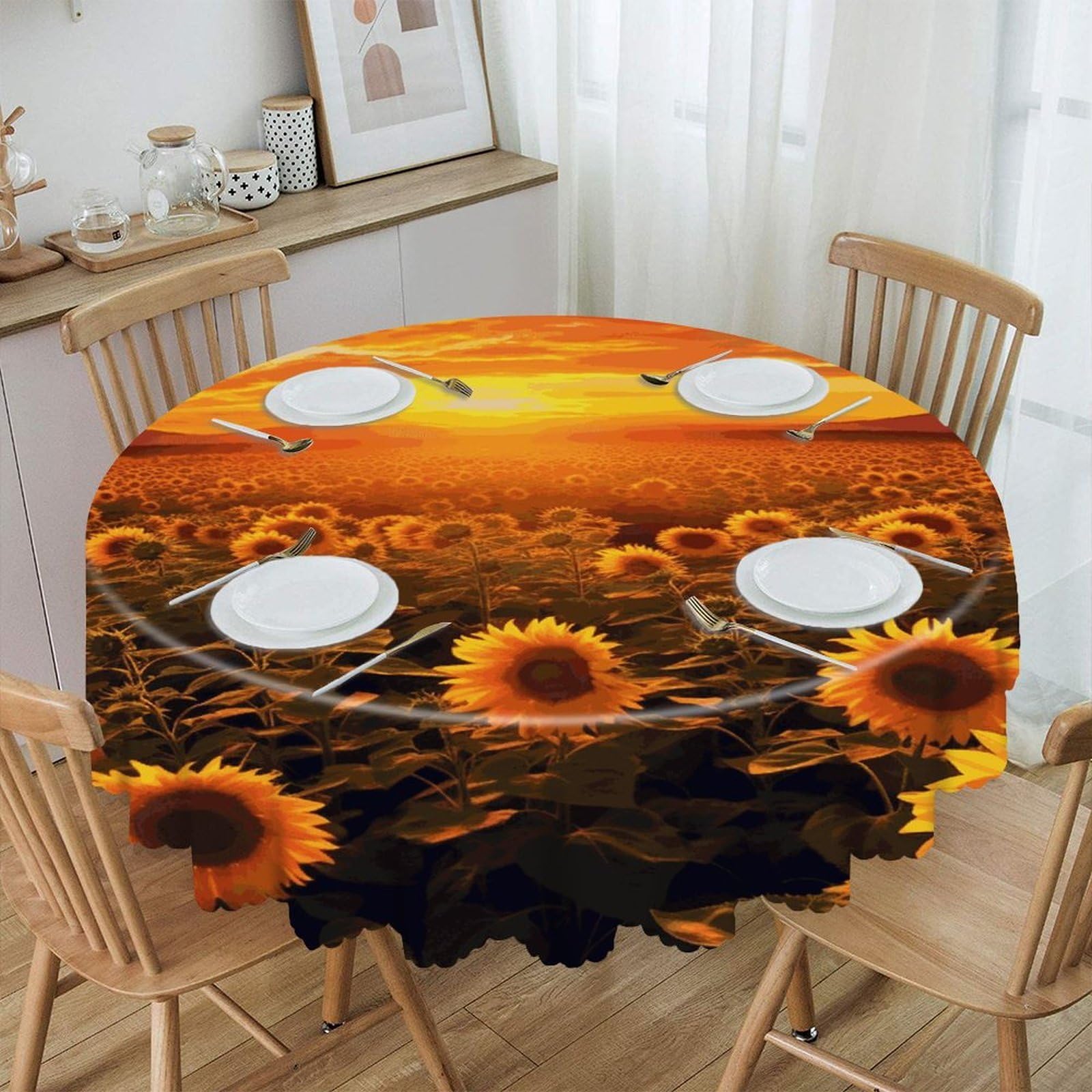 FekiLoot Sunflower Field Sunset Sea of Flowers Round Tablecloth Waterproof Spill-Proof Wipeable Table Cloth Wrinkle Free Circle Dining Table Cover for Dining Kitchen Wedding Parties Machine Washable