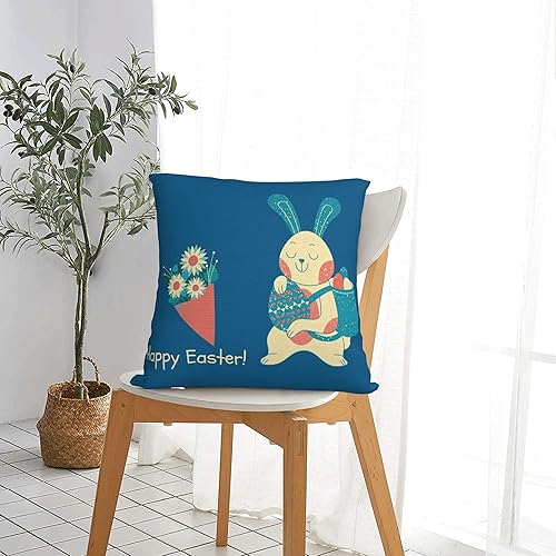 Miniatura 7 de Funda de almohada de Pascua, 24 x 24 pulgadas, bonito conejo y un ramo de flores con fondo azul, fundas de almohada con patrón de huevos de Pascua