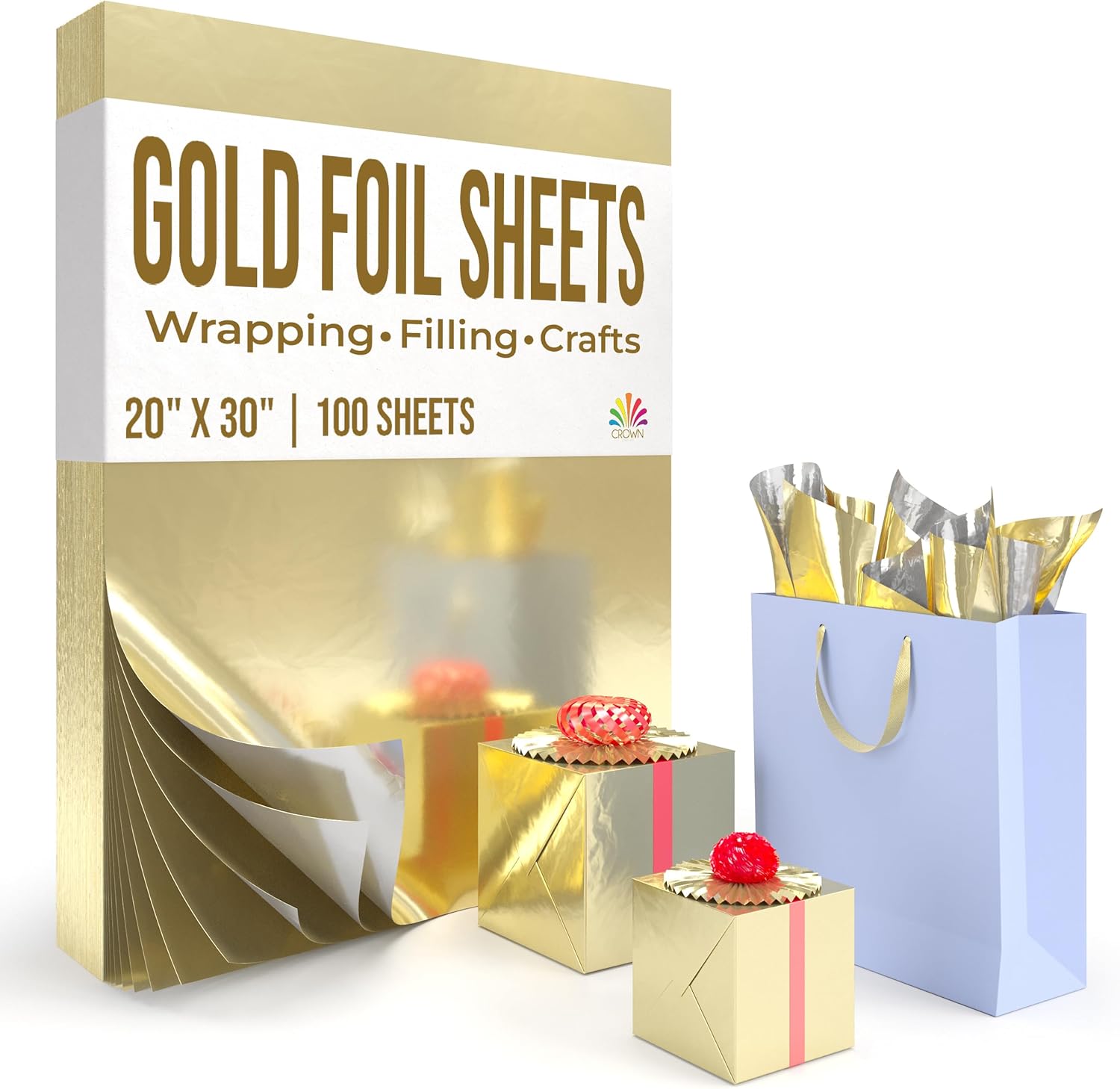 Crown Display Gold Wrapping Paper Christmas Wrapping Paper Gold Metallic Sheets | 100 Sheets 20" x 30" - For Christmas Gift Wrap, Arts & Crafts, Wedding, Birthday, Valentines Day or Mothers Day