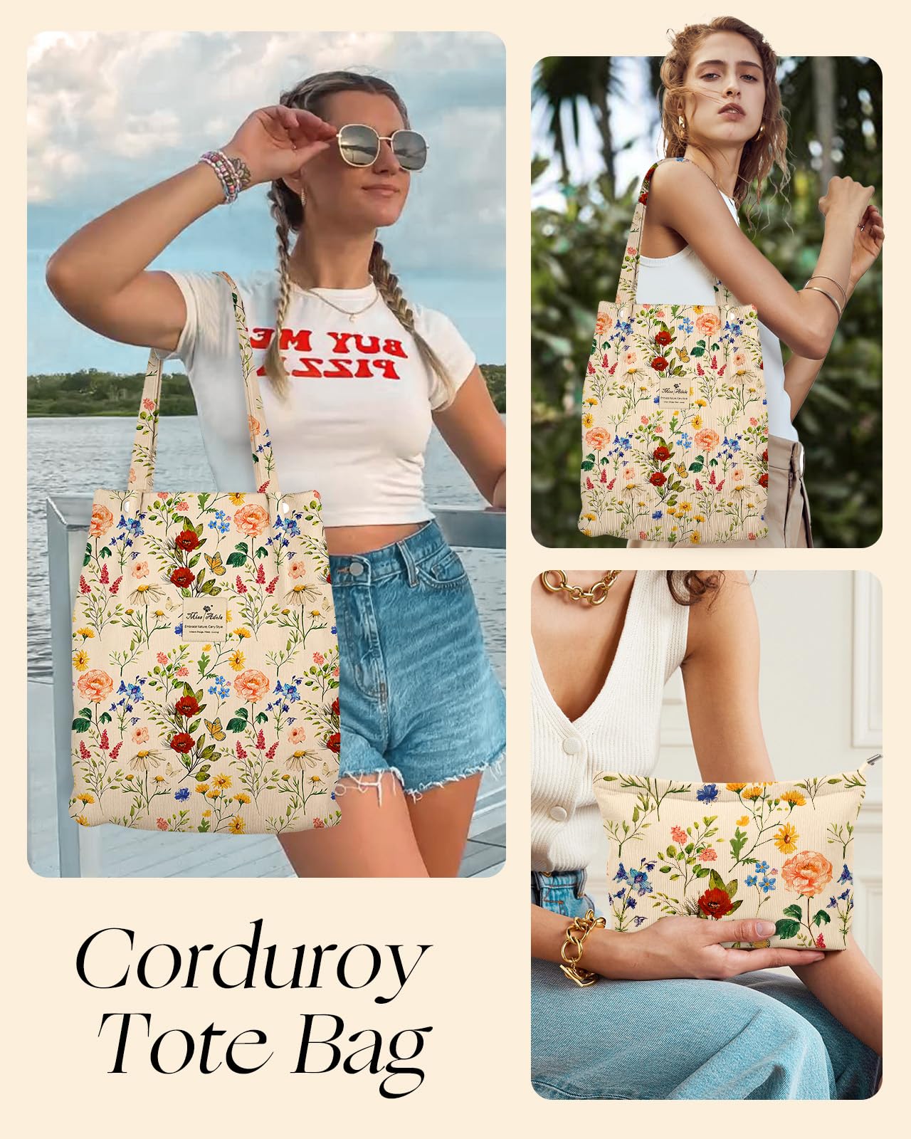 Miss Adola Aesthetic 2 Pack Corduroy Tote Bag - with Makeup Pouch Bag for Women Reusable Grocery Bag for Gym, Travel, Work