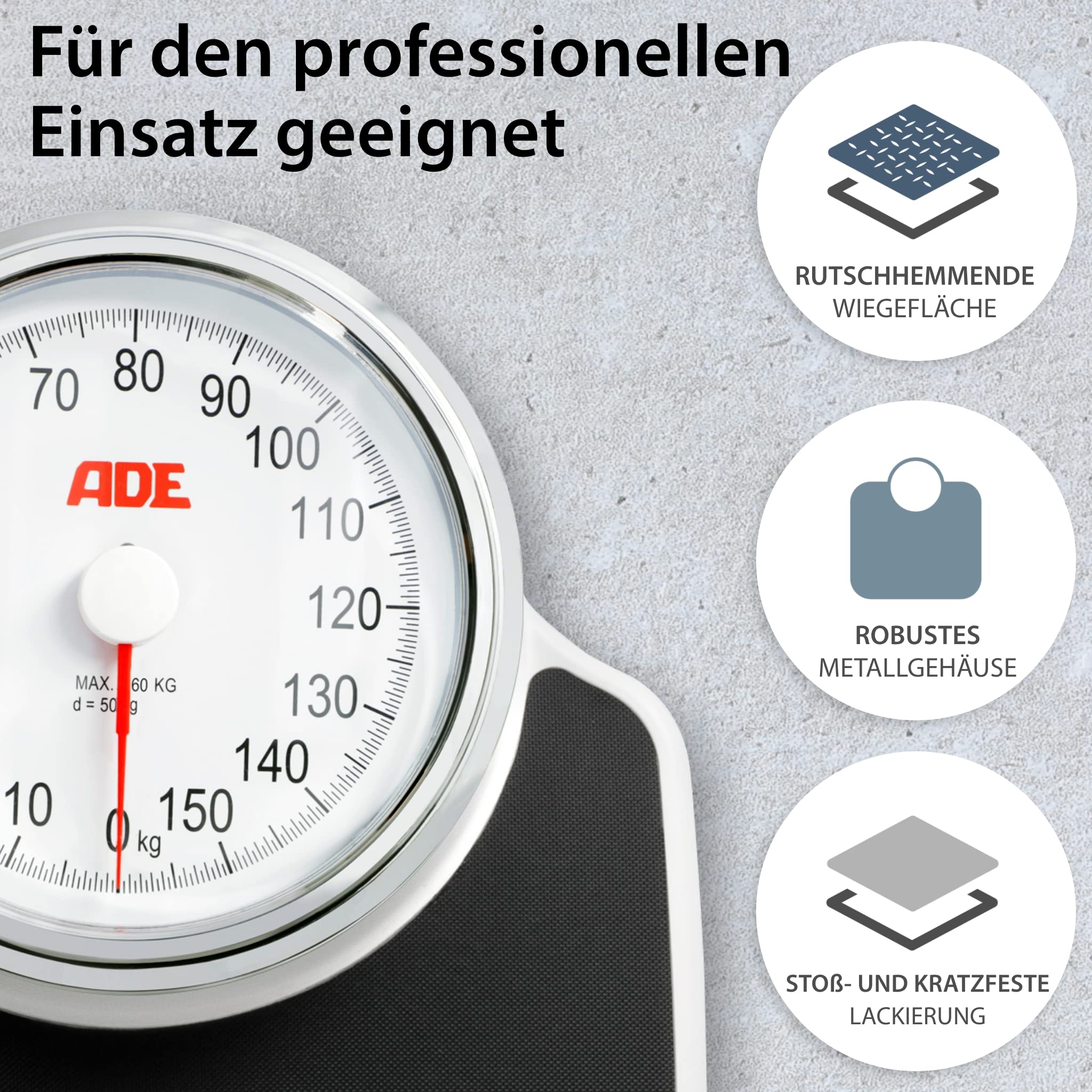 ADE Mechanische Personenwaage M308800 Clinica. Besonders präzise, analoge XL Körperwaage im klassischen Doktorwaagen-Design. Große rutschfeste Wiegefläche und robustes Metallgehäuse Retro-Look. Weiß