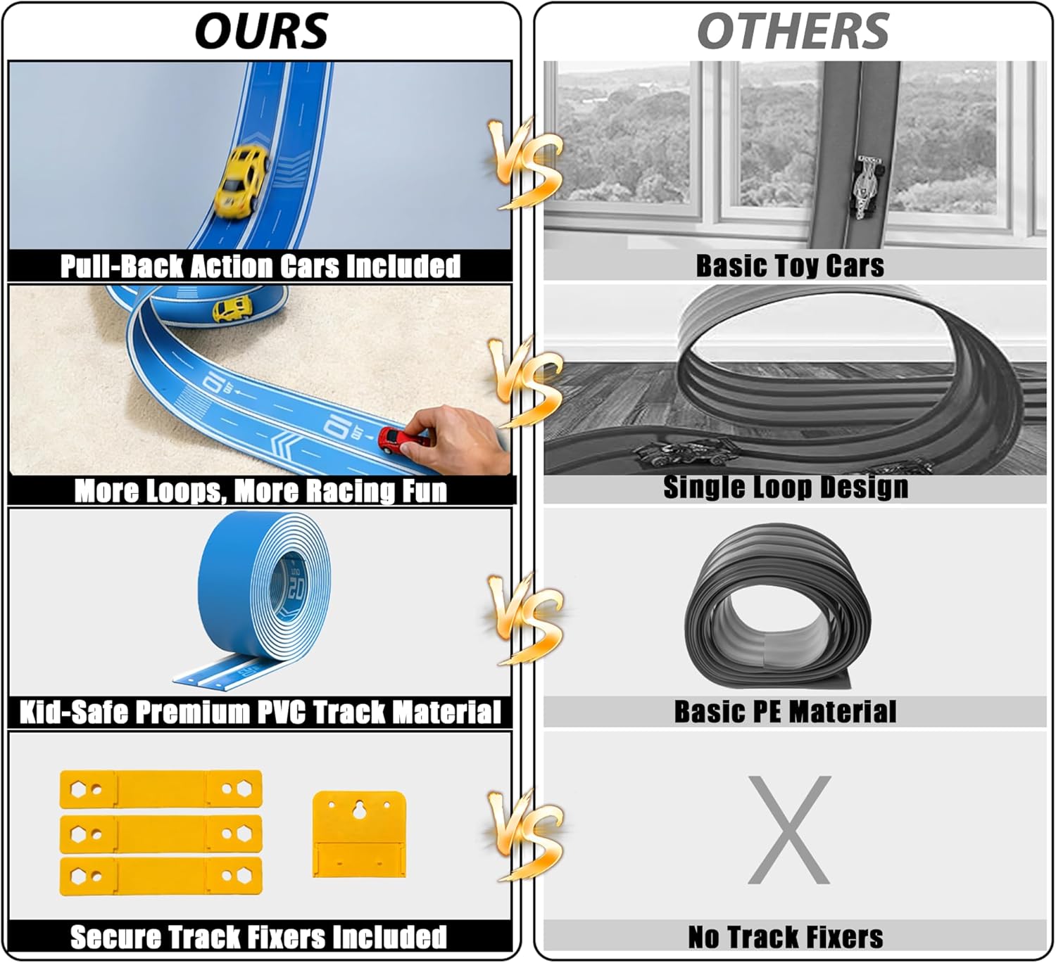 16.4Ft Flexible Race Track for Kids Ages 3+, Patterned Dual-Lane Roll Up Race Track Set with 4 Toy Cars & Suction Cups, Compatible with 1/64 Diecast Cars, Portable DIY Racing Toy(Daytona Blue)