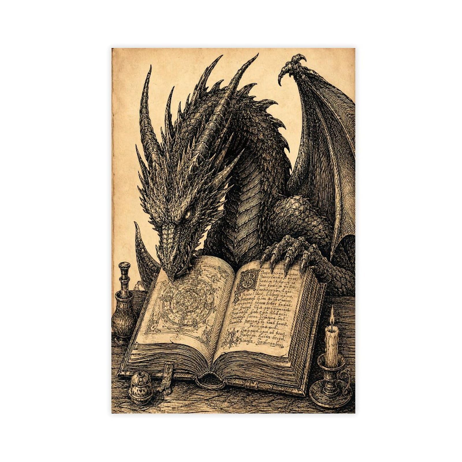 H3B8U2Y5 Dragon Reading Book Canvas Wall Art, Surrealist Studio