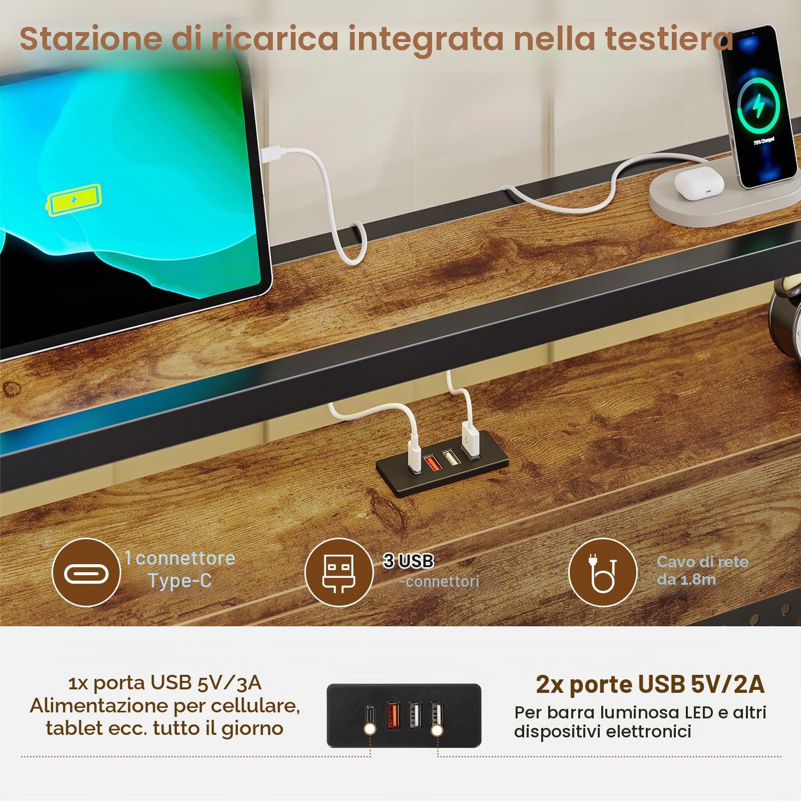 Letto 160 x 200 cm, con rete a doghe in metallo, struttura del letto in metallo con presa e funzione di ricarica USB, letto matrimoniale con spazio di archiviazione, letto basso, letto per giovani