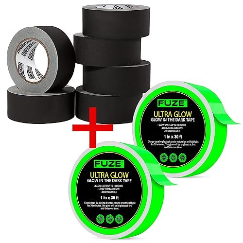 Lockport Paquete de 6 cintas Gaffer negras de 30 yardas x 2 pulgadas + 2 unidades que brillan en la oscuridad de 60 pies x 1 pulgada